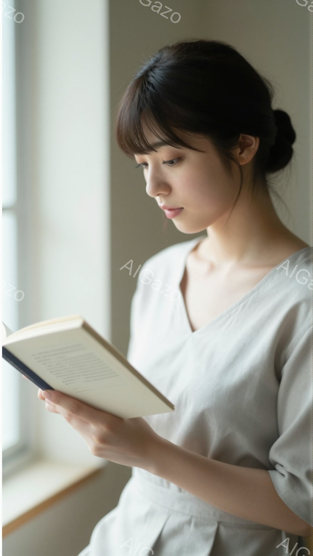 画像には、窓辺で本を読む女性が写っています。彼女は明るい色のVネックのブラウスを着ており、髪を後ろでまとめ上げています。彼女の表情は穏やかで、読書に集中している様子が伝わってきます。
