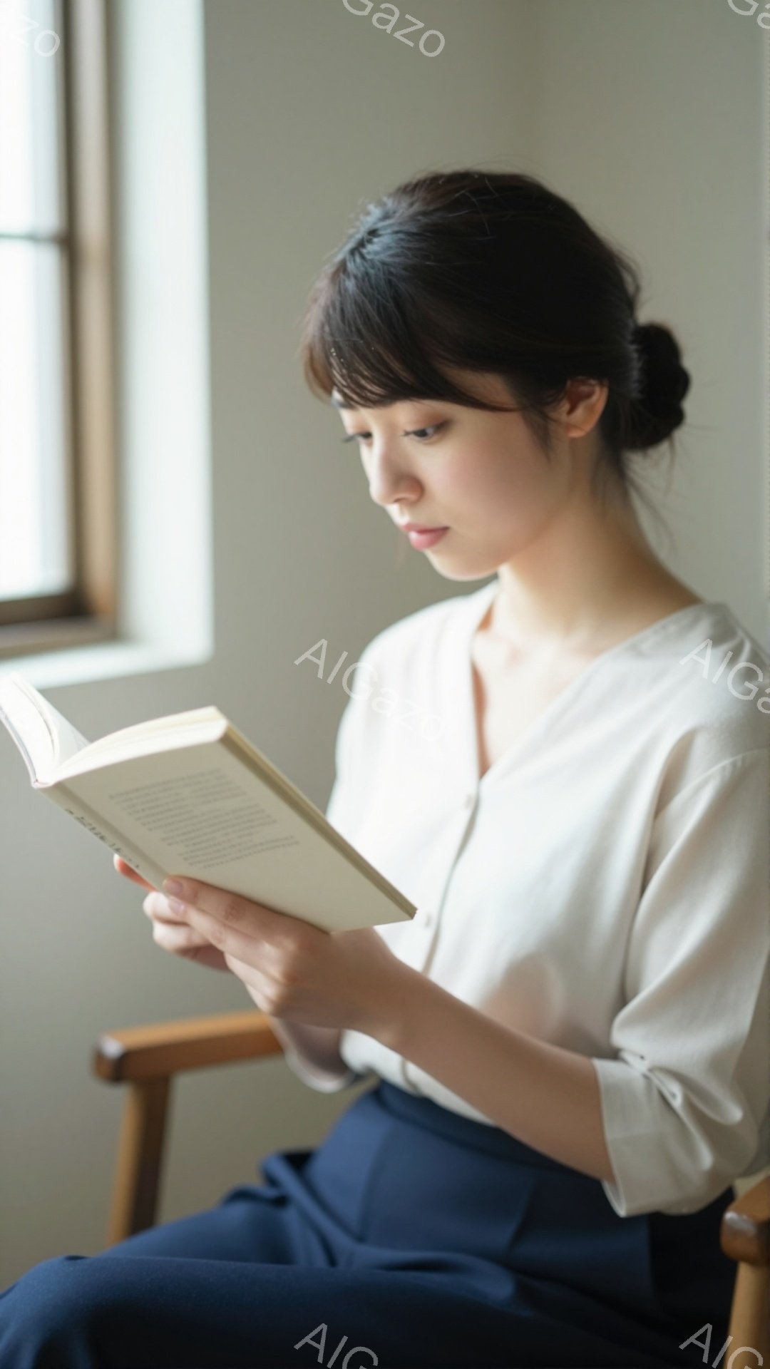画像には、紺色のズボンと白いブラウスを着た女性が写っている。彼女は椅子に座り、本を熱心に読んでいる様子で、穏やかな表情をしている。背景は明るい壁で、窓から差し込む自然光が彼女を照らし、静かで落ち着いた雰囲気を醸し出している。