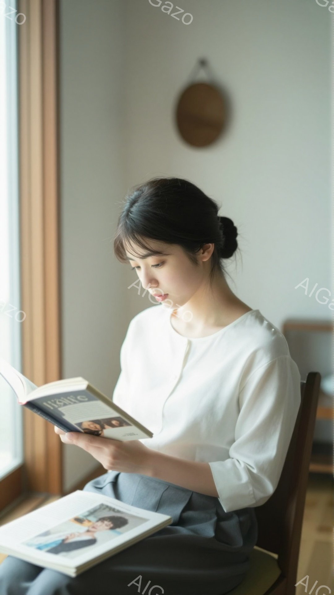 窓辺に座る女性が本を読んでいる。彼女は白いブラウスとグレーのスカートを身につけ、髪を後ろでまとめており、落ち着いた表情で読書に集中している。背景には木製の椅子と壁があり、全体的に穏やかで静謐な雰囲気が漂っている。