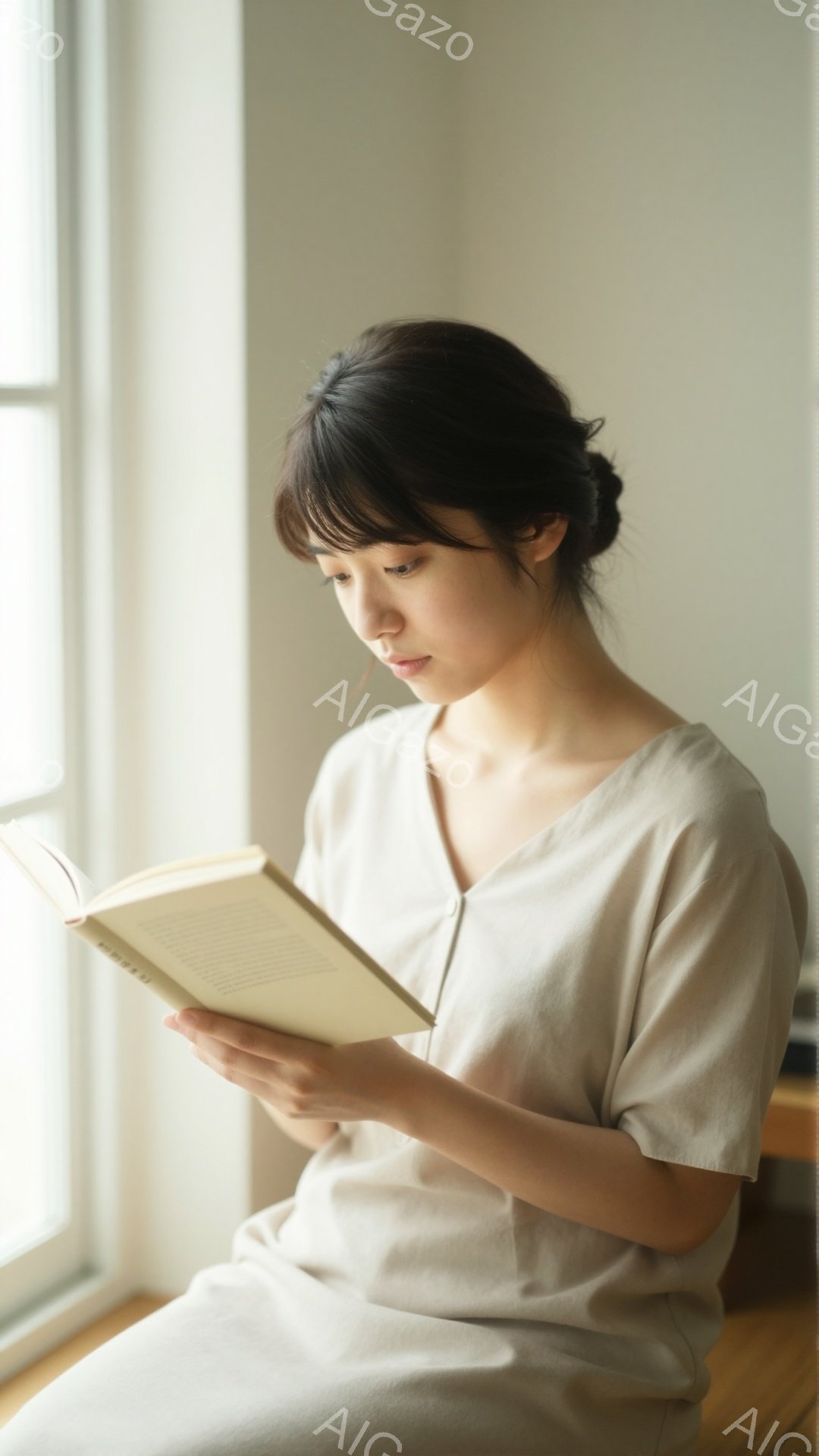 窓辺に座る女性が、開いた本を手に持っている。彼女はベージュ色のゆったりとしたワンピースを着ており、髪は後ろで一つにまとめている。穏やかな表情で読書に集中しており、背景は明るい自然光に包まれたシンプルな室内空間である。