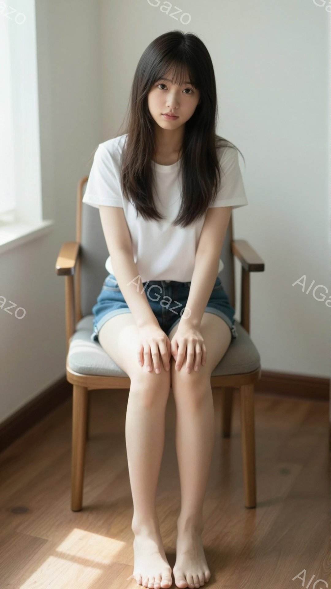若い女性が木の椅子に座っており、白いTシャツとデニムのショートパンツを着用しています。彼女は足を組み、両手を膝の上に置いています。背景はシンプルな部屋で、木製の床と窓からの自然光が差し込んでおり、全体的に穏やかでリラックスした雰囲気が漂っています。