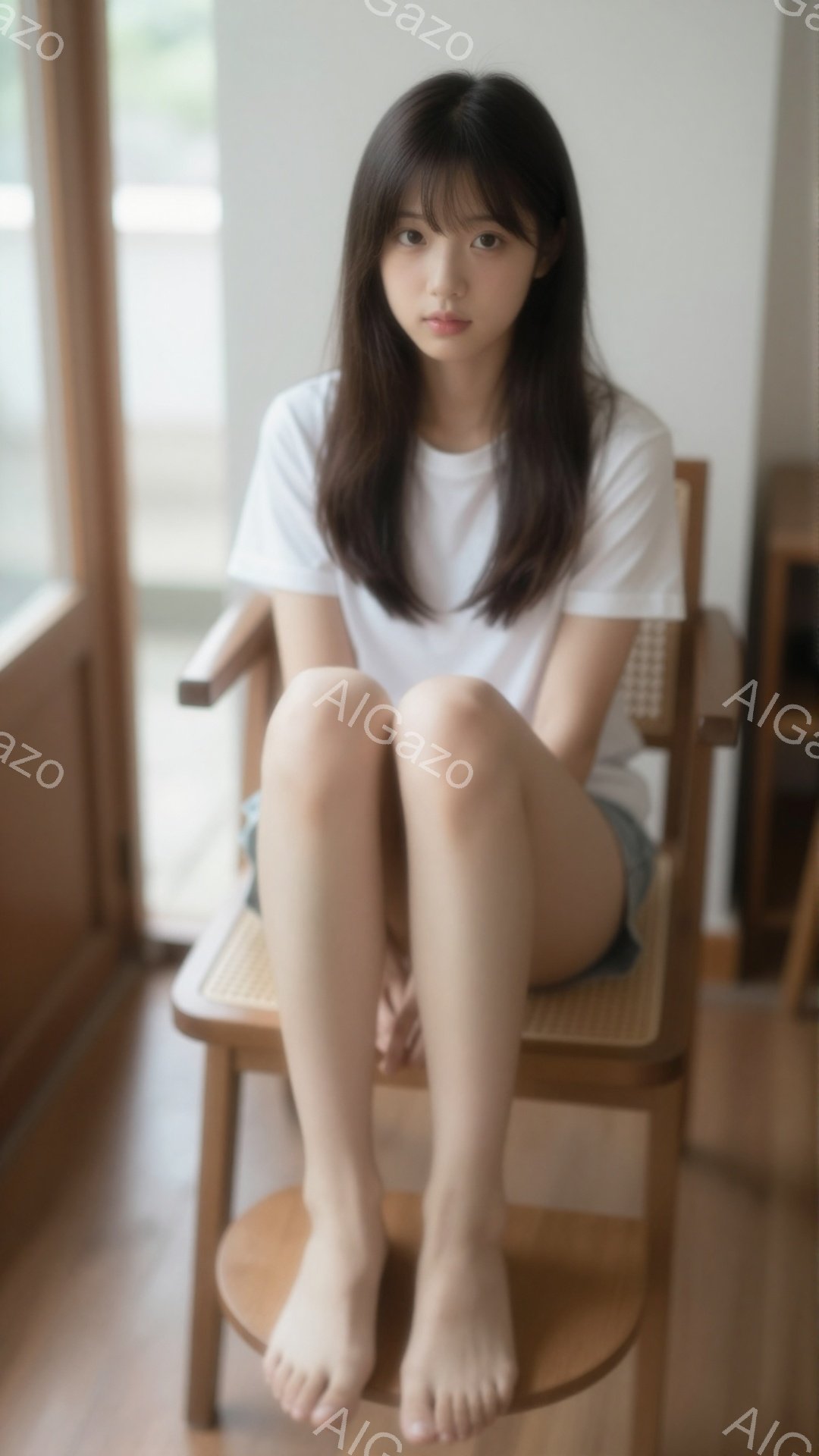 浅いブラウン色の木製の椅子に座った若い女性が写っています。白いTシャツと短いデニムのズボンを着用し、素足でリラックスした様子です。背景には窓とわずかな自然光が見え、全体的に落ち着いた、穏やかな雰囲気が漂っています。