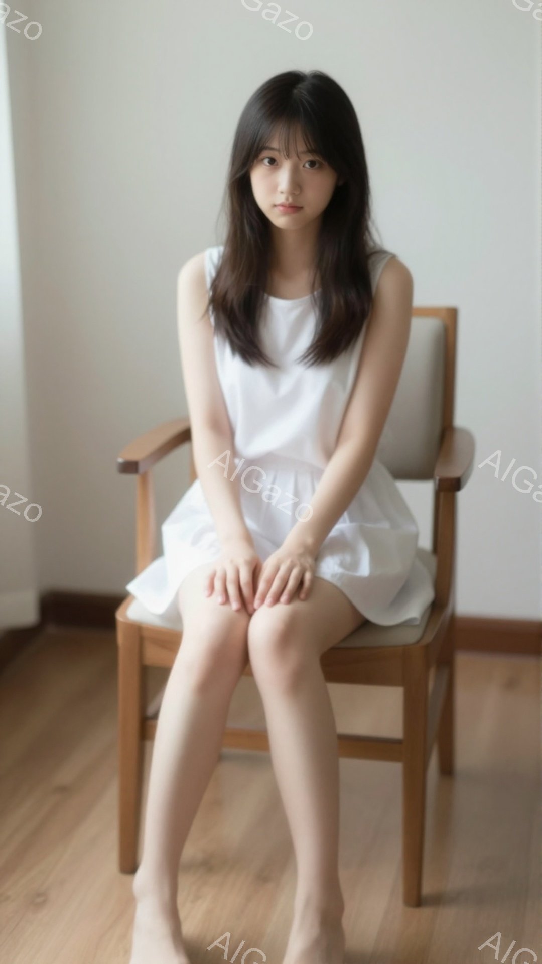 長い黒髪をセンターパートにした若い女性が、木の肘掛け椅子に座っています。白いミニドレスを着ており、膝を揃えて座る姿勢は控えめで、表情も穏やかです。背景はシンプルな木製の床と壁で、全体的に柔らかく、静謐 - AI生成フリー素材