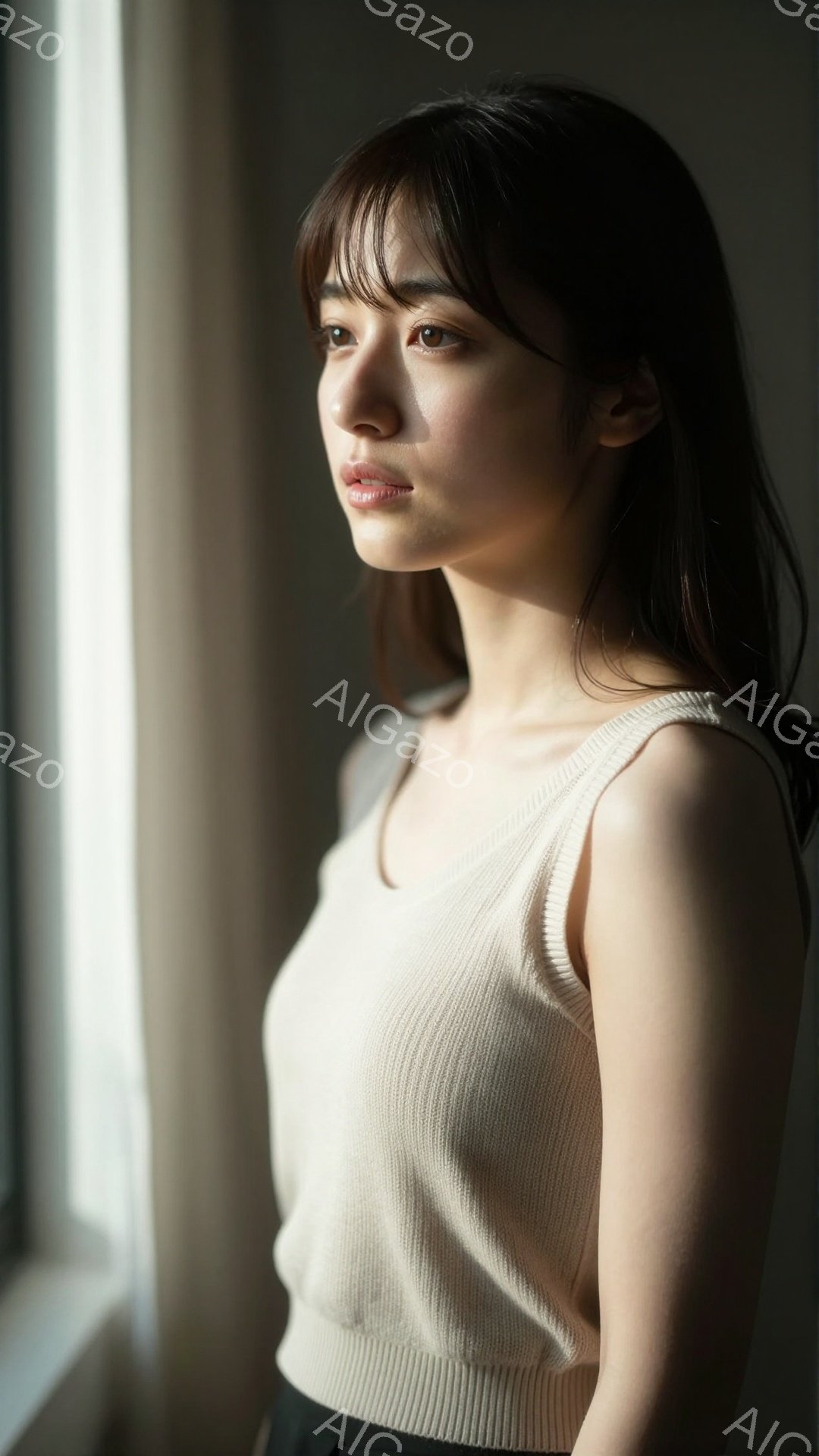 画像は、窓辺で横を向いている若い女性を捉えています。彼女はクリーム色のリブニットを着ており、ダークカラーのボトムスを履いています。その表情は穏やかで、どこか物憂げな雰囲気を醸し出しており、自然光が彼女の横顔を優しく照らしています。