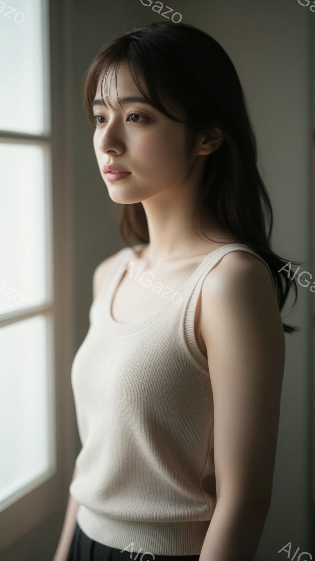 長いダークブラウンの髪を肩にかける女性が写っている。ベージュのタンクトップと黒いボトムスを身につけ、窓辺で横を向いている。穏やかな表情で、自然光が柔らかく彼女を照らし、落ち着いた雰囲気を醸し出している。