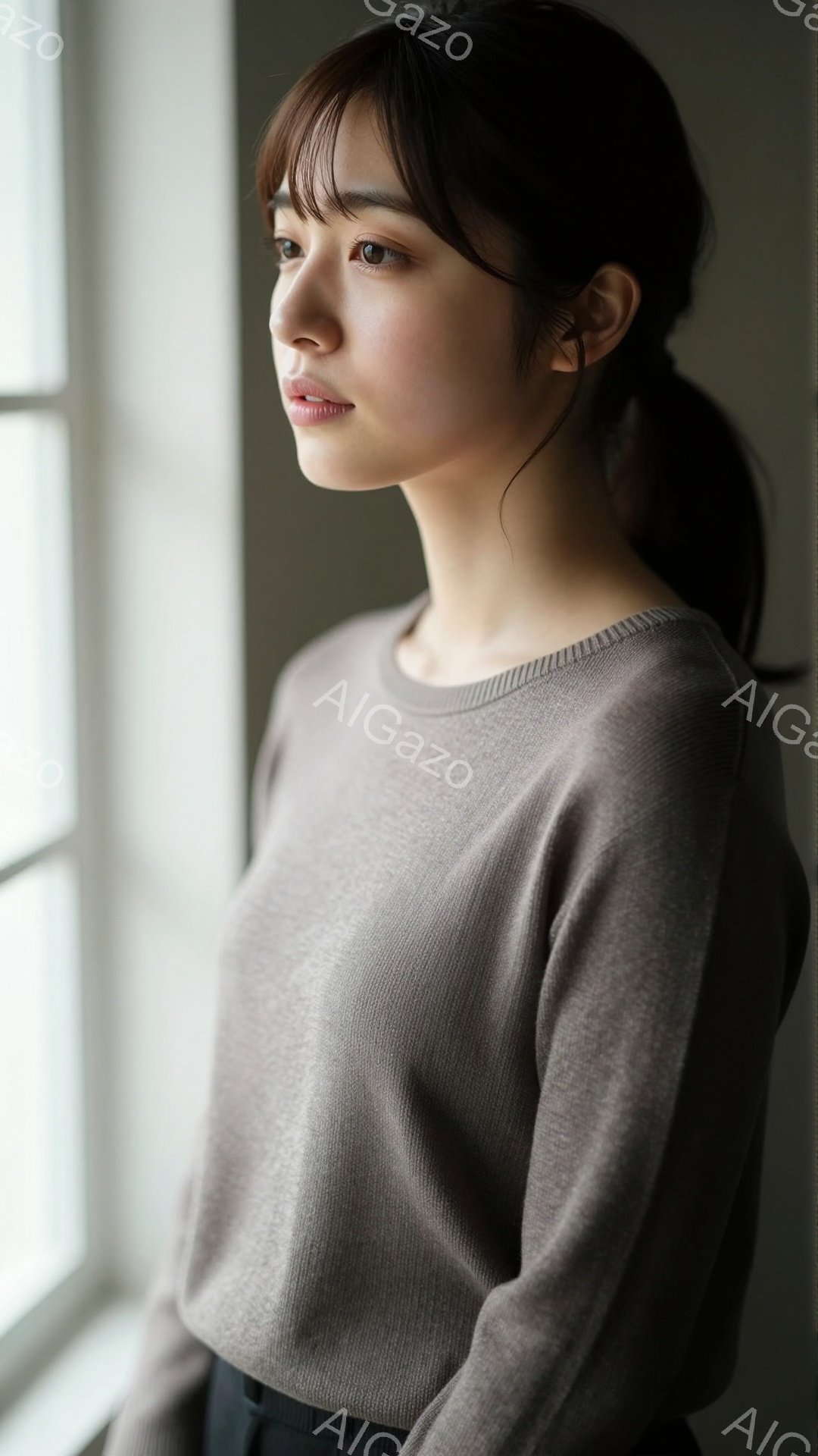 画像は、窓辺で横顔を見せる若い女性です。彼女は薄茶色のセーターを着ており、ダークトーンのボトムスを履いています。その表情は穏やかで、少し物憂げな雰囲気を漂わせています。 - AI生成フリー素材