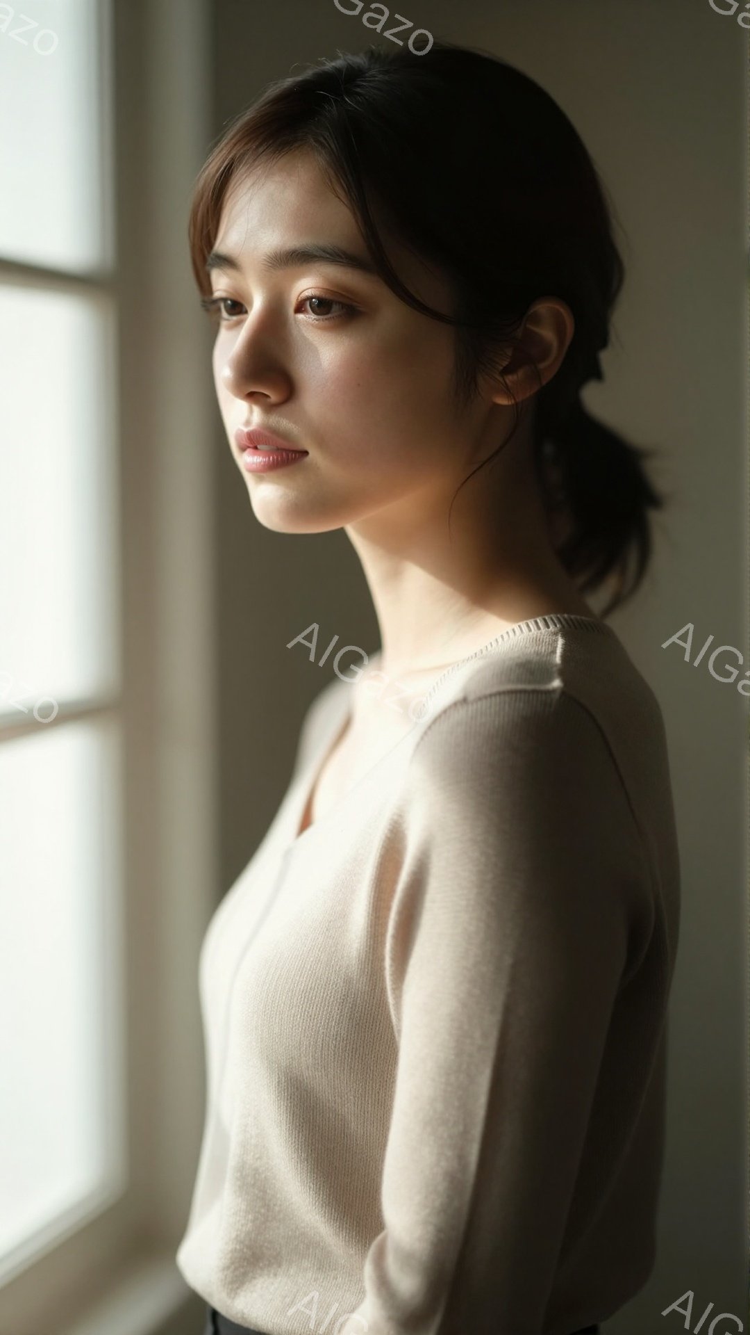 光が差し込む窓辺で、ベージュのセーターを着た女性が横顔を見せています。髪は後ろで一つにまとめられ、穏やかな表情でどこかを見つめています。背景はぼかされており、柔らかく優しい雰囲気が漂っています。 - AI生成フリー素材