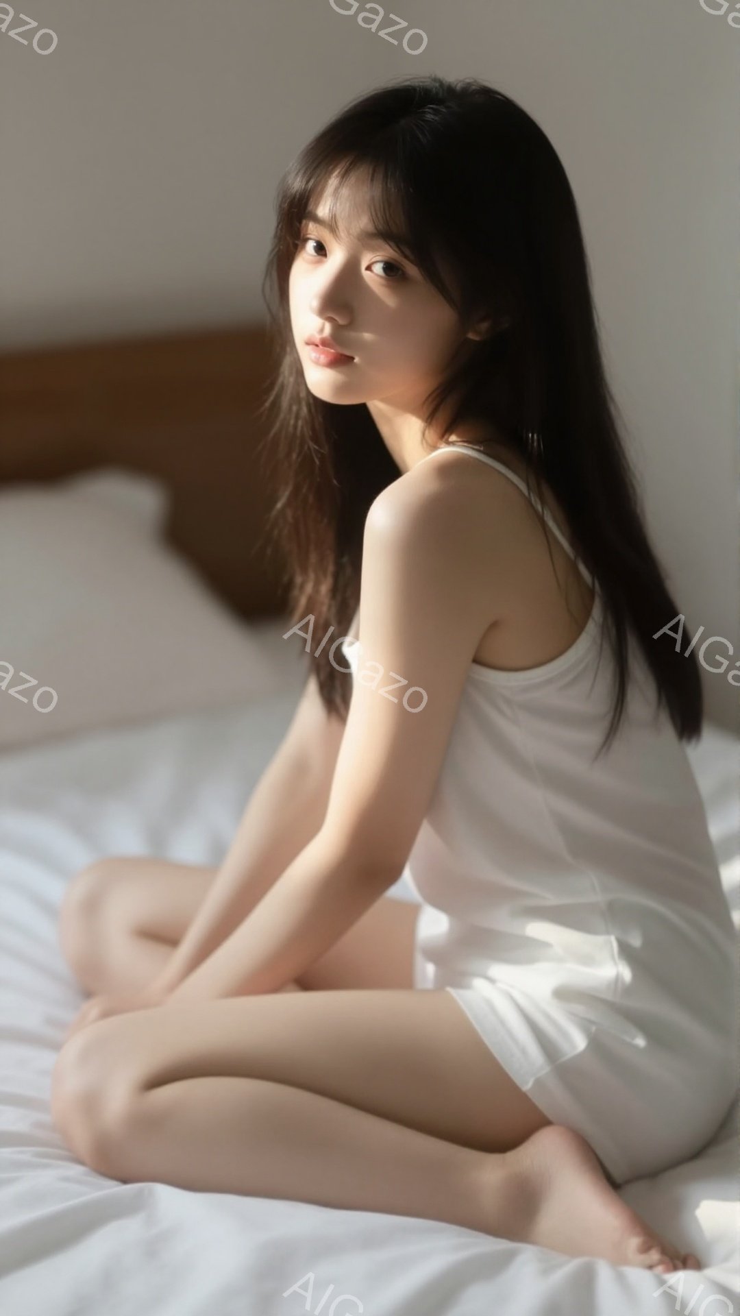 長い黒髪を無造作に垂らし、白いキャミソールとショーツ姿の若い女性が、白いベッドの上に膝を抱えて座っています。彼女はやや憂いを帯びた表情でカメラを見つめ、柔らかい光が彼女の肌を照らしています。背景はシン - AI生成フリー素材