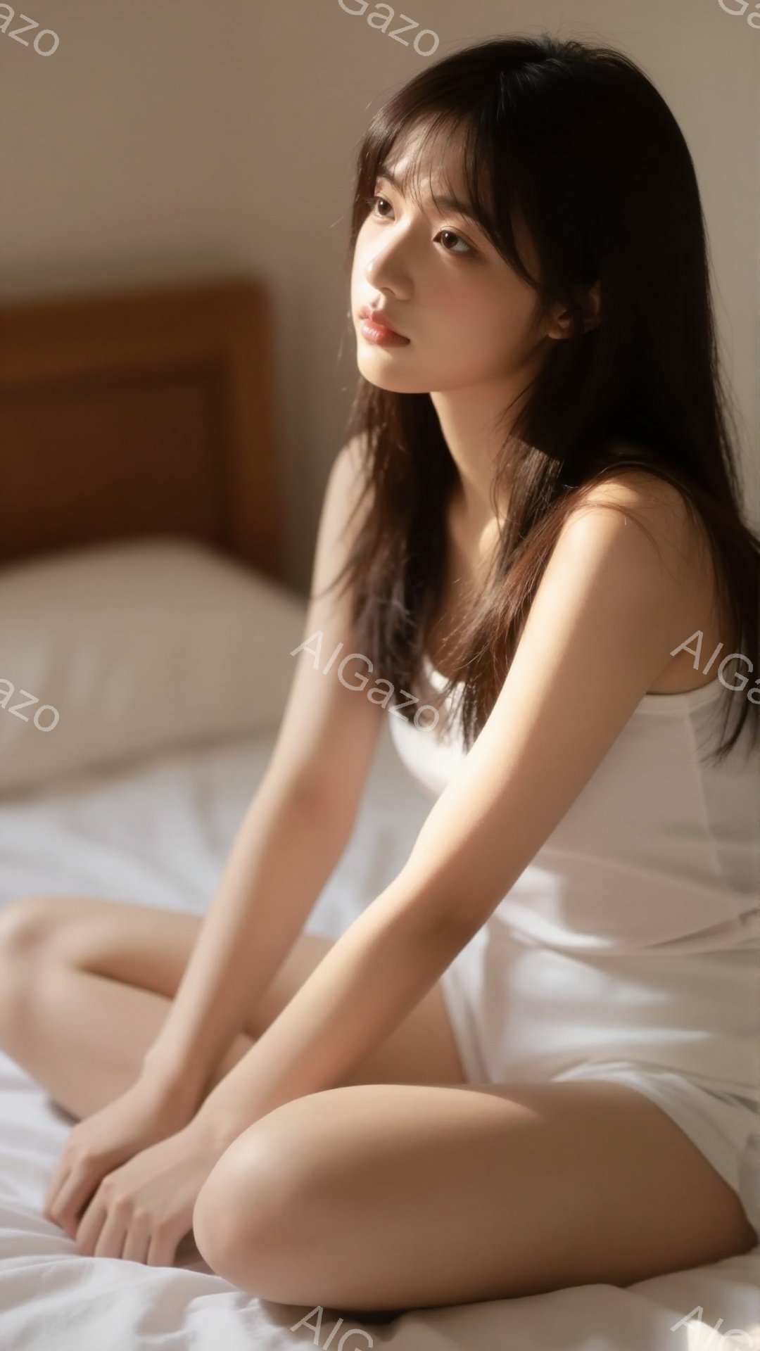 長い黒髪の女性が白いタンクトップとショートパンツを着て、ベッドに座っています。彼女は少し横を向き、穏やかな表情で遠くを見つめており、リラックスした雰囲気を醸し出しています。背景はシンプルで、暖色系の壁とシーツが彼女を引き立てています。