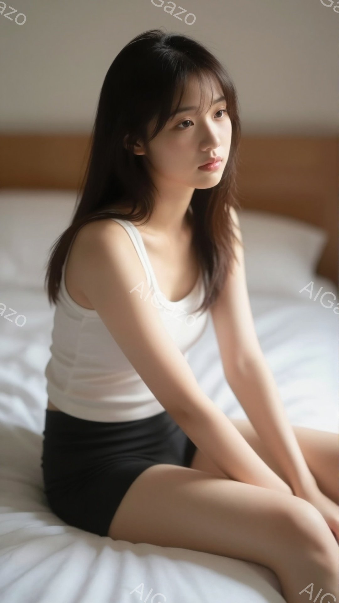 黒髪の女性が白いベッドに座っており、白いタンクトップと黒いショートパンツを着用しています。彼女は少し物憂げな表情で、横を向いて何かを考えているようです。背景は白く、全体的に柔らかく静かな雰囲気が漂っています。