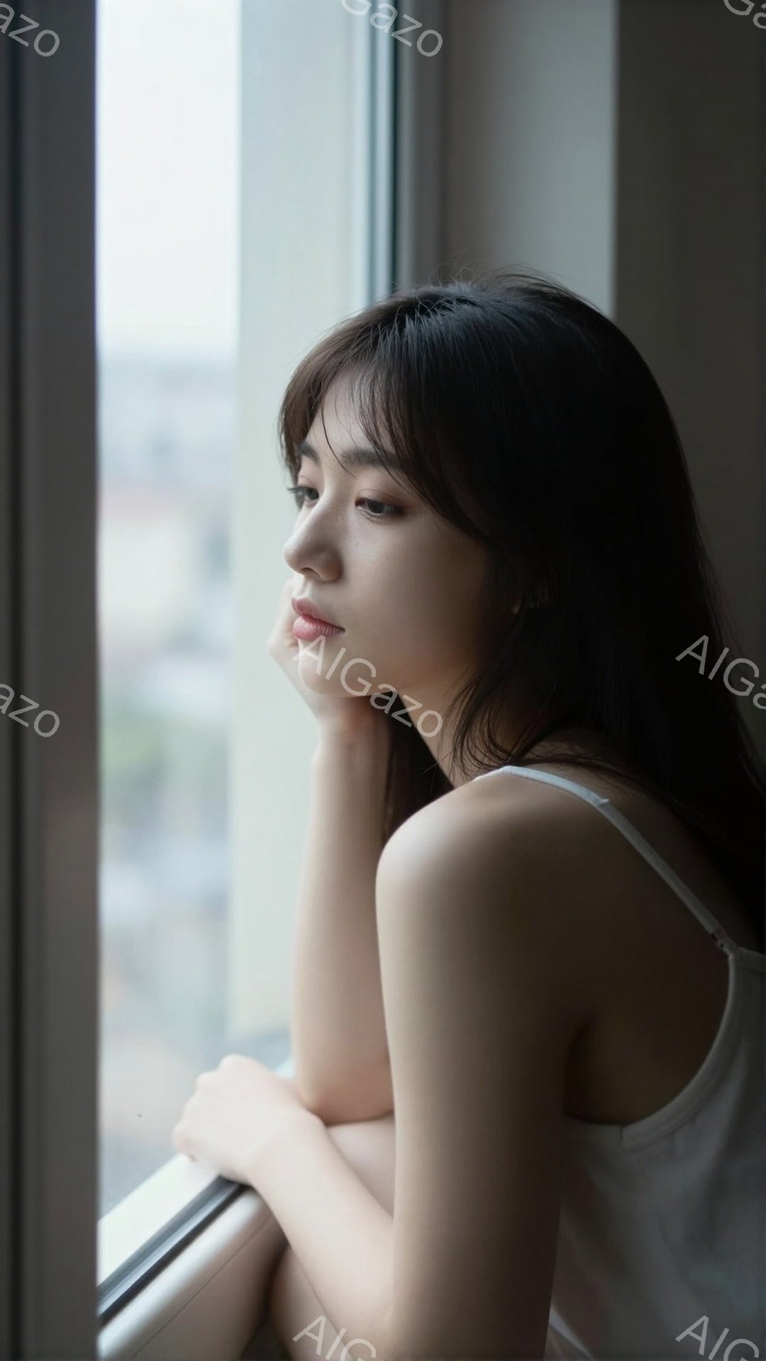 長い黒髪の女性が窓際に立っており、オフショルダーの白いトップスを着ています。彼女は少し憂いを帯びた表情で遠くを見つめており、姿勢はリラックスしています。背景には高層ビル群がぼんやりと見え、少し曇った日 - AI生成フリー素材