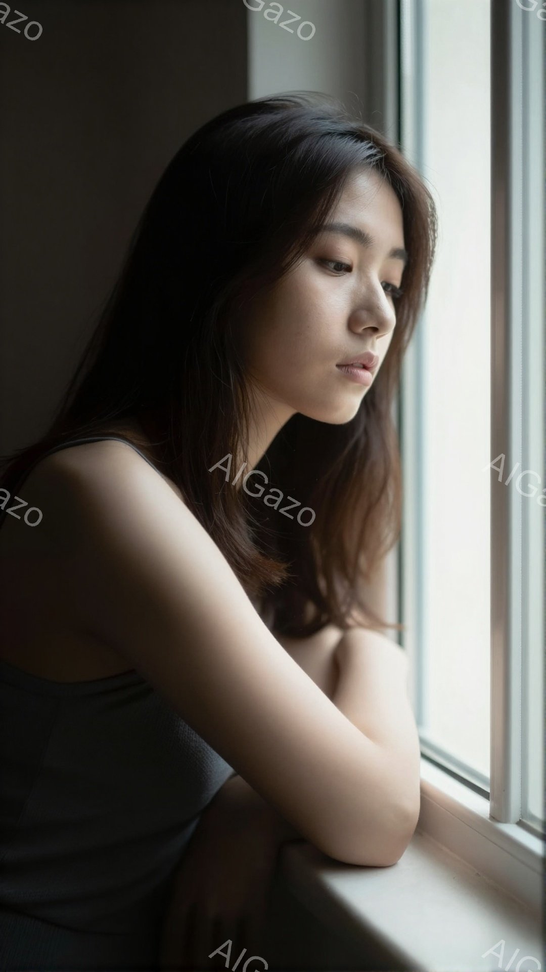 長い黒髪を肩にかける女性が、窓枠に寄りかかって外を見つめている。彼女はグレーのタンクトップを着ており、腕を組んで少し憂いを帯びた表情をしている。窓の外の光が彼女の横顔を照らし、物憂げな雰囲気を強調して - AI生成フリー素材