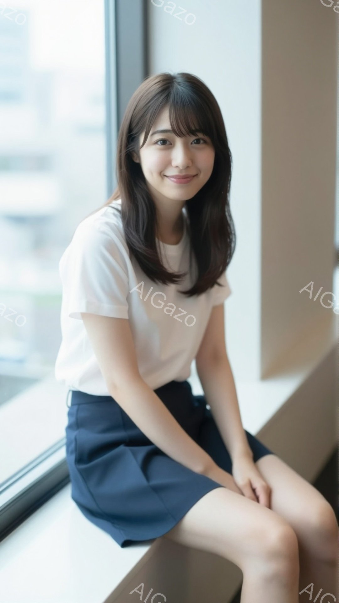 若い女性が窓際に座り、微笑んでいます。白いTシャツと紺色のプリーツスカートを着用し、肩までの長さの茶髪で、前髪は少しカールしています。背景には高層ビルが見え、室内は明るく、全体的に清潔で穏やかな雰囲気 - AI生成フリー素材