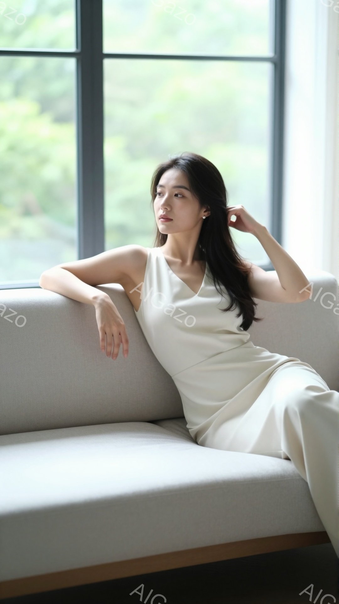 長い黒髪をなびかせ、オフホワイトのシンプルなワンピースを着た女性が、明るいグレーのソファに横たわっている。彼女は少し横を向き、リラックスした表情で遠くを見つめている。背景には大きな窓があり、緑豊かな自然が見え、柔らかく穏やかな雰囲気を醸し出している。