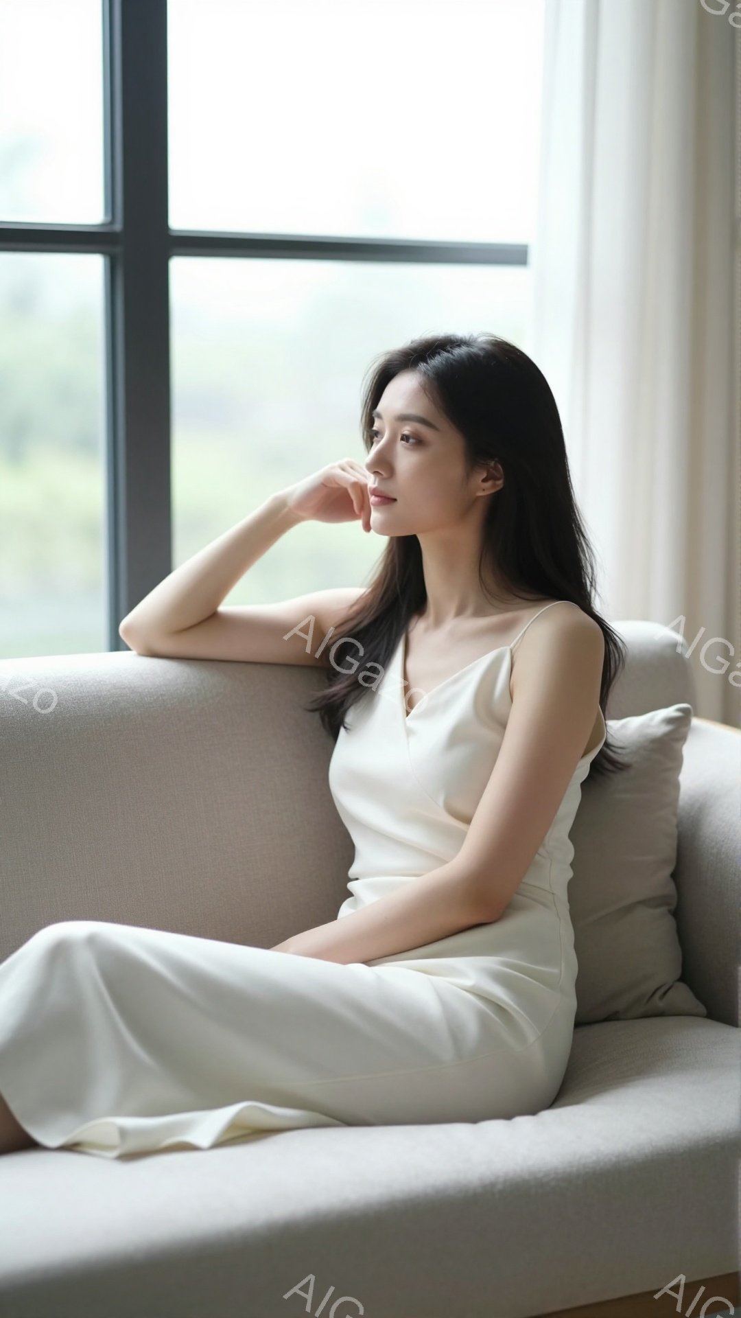 長い黒髪をなびかせ、オフホワイトのキャミソールドレスを着た女性が、クリーム色のソファに座ってリラックスしています。彼女は片手を顎に当てて、少し物憂げな表情で遠くを見つめており、穏やかで洗練された雰囲気 - AI生成フリー素材