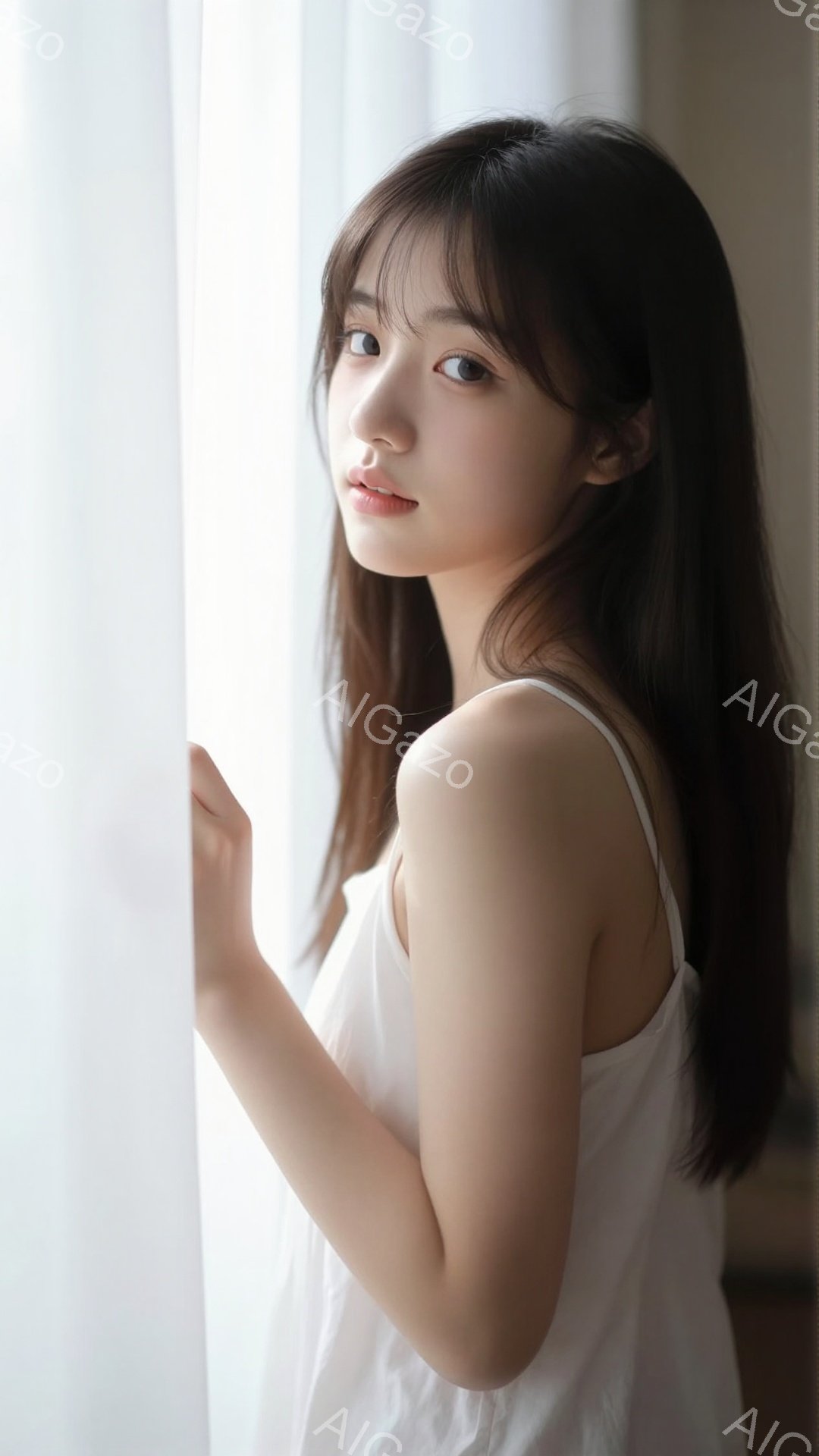 長い黒髪で、前髪は軽く顔にかかっています。白いキャミソールを着ており、窓の白いカーテンの横に立って少し内側を覗いています。彼女の表情は穏やかで、少し憂いを帯びた優しい印象を与えます。 - AI生成フリー素材