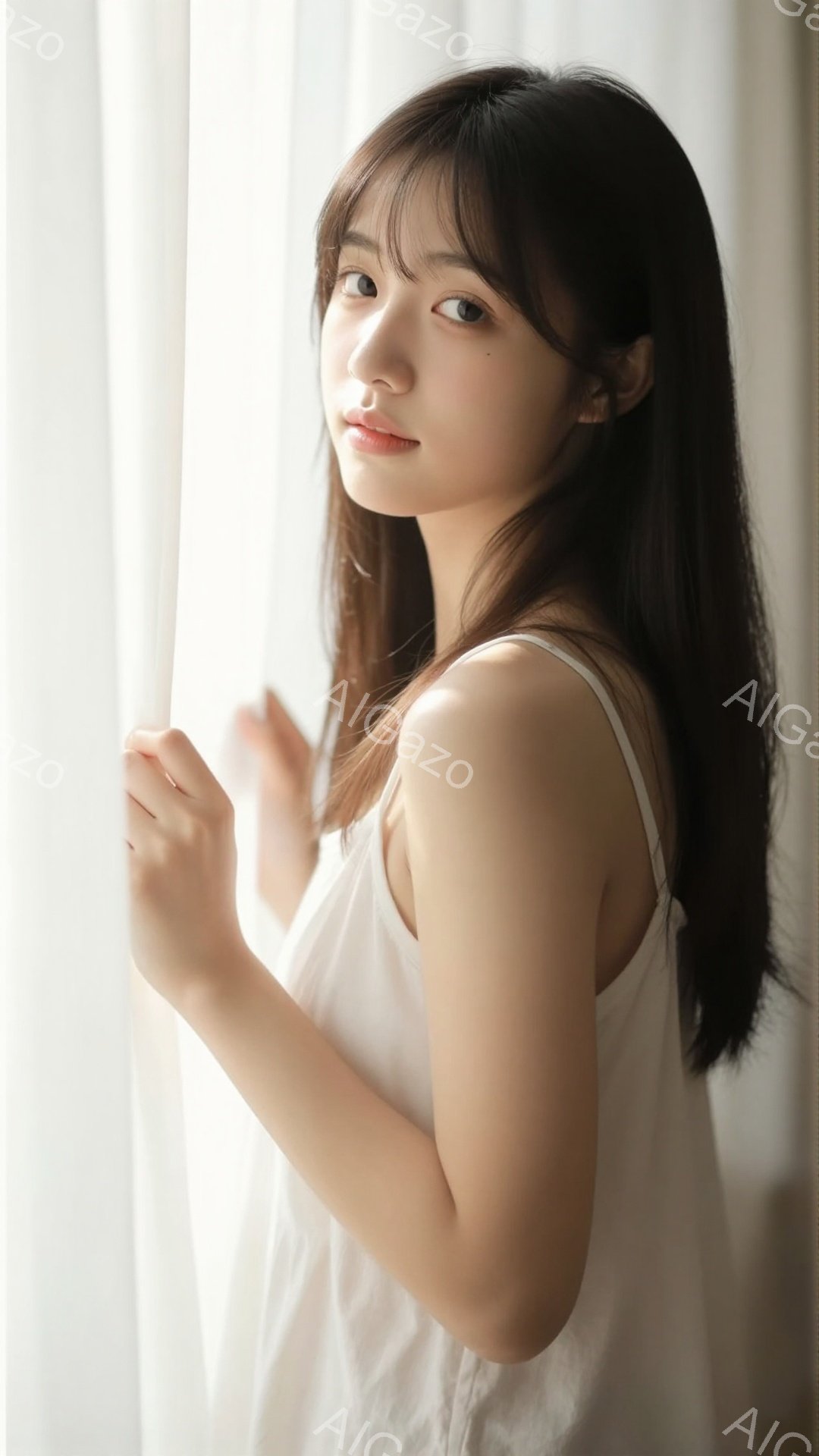 長い黒髪をセンターパートにした若い女性が、白いタンクトップを着て立っています。彼女はわずかに微笑み、視線は穏やかで、リラックスした雰囲気を醸し出しています。背景は白く、光が柔らかく差し込み、彼女を際立 - AI生成フリー素材