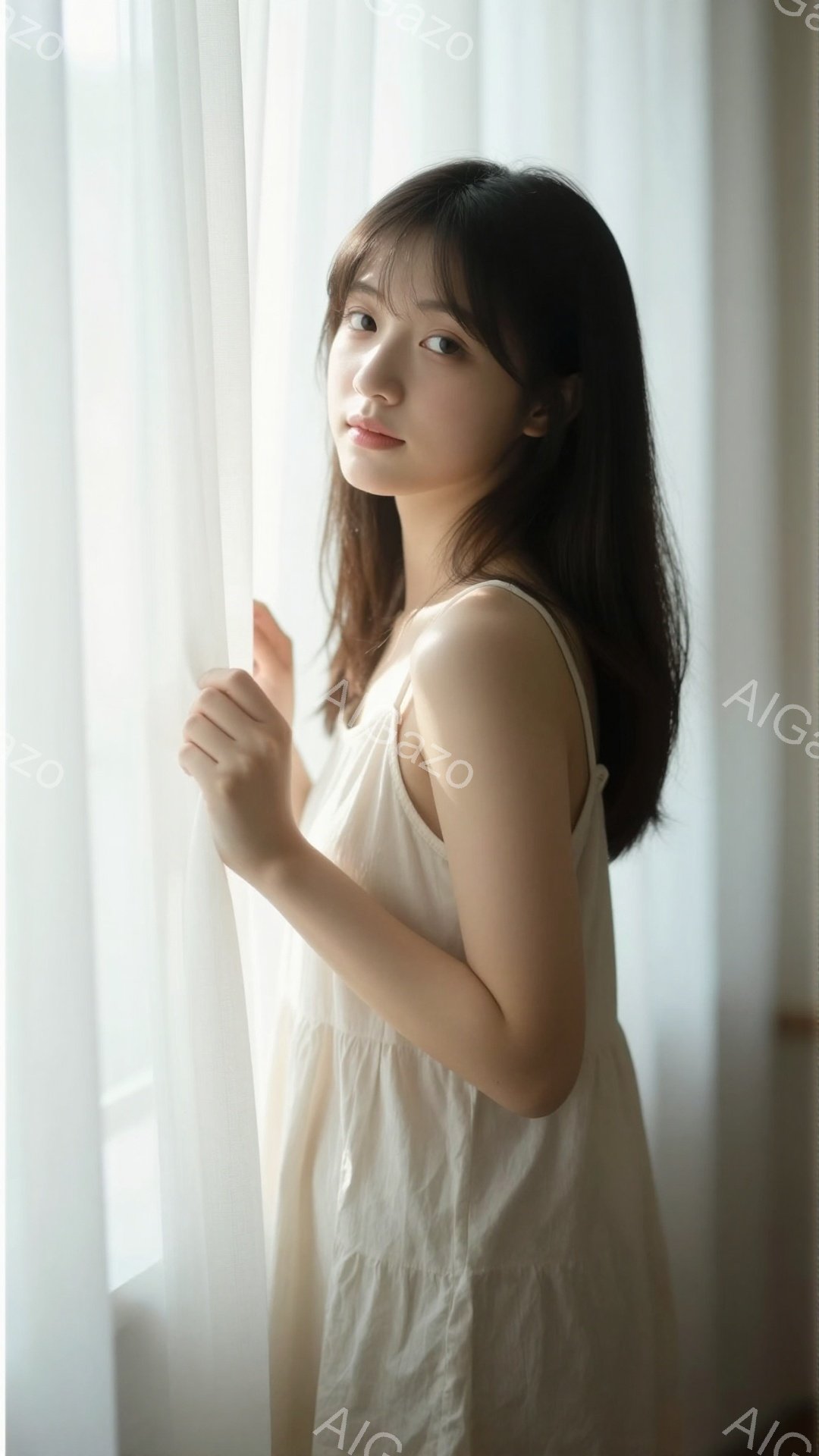長い黒髪で、前髪が少し眉毛にかかるようにカットされた若い女性が写っている。白いキャミソールワンピースを着て、窓辺で片手を軽く上げ、少し微笑んでいる。背景はぼやけており、窓から差し込む柔らかい光が彼女を照らし、穏やかで優しい雰囲気を醸し出している。