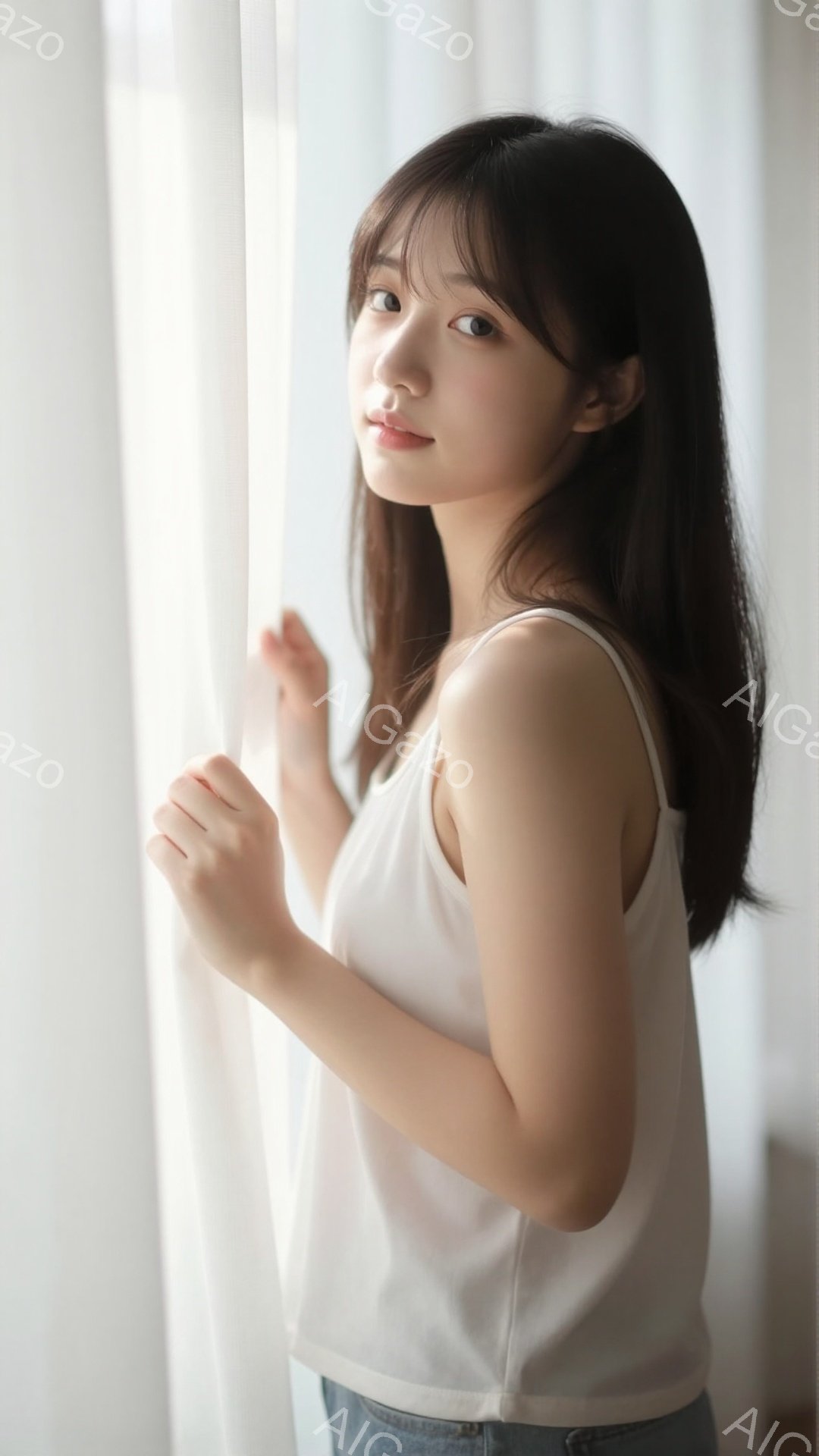 長い黒髪の女性が、白いタンクトップとジーンズを身につけて、窓辺に立っています。彼女はわずかに微笑み、リラックスした表情で、片手を窓枠に添えています。背景は白く、柔らかい光が差し込み、穏やかで優しい雰囲 - AI生成フリー素材