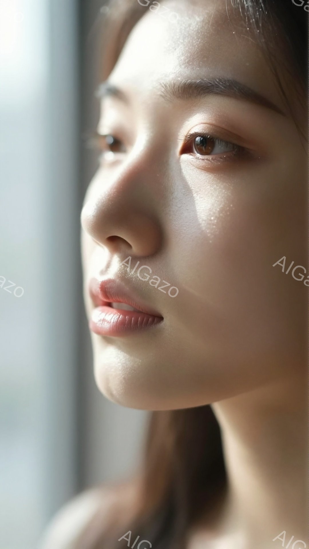 光沢のある肌を持つ若い女性が、横顔で写っている。彼女は薄いメイクをしており、穏やかな表情で何かを見つめているようだ。背景はぼやけているが、自然光が入る窓辺で、静かで穏やかな雰囲気を醸し出している。