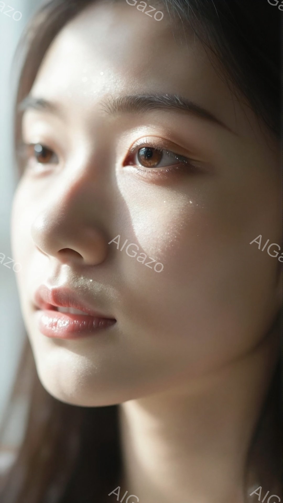 焦点の合わされた女性の顔が、柔らかい光に照らされています。彼女は少し横を向き、穏やかな表情で遠くを見つめています。背景はぼやけていますが、自然光が差し込む室内のような雰囲気で、全体的に優しい印象を与えます。