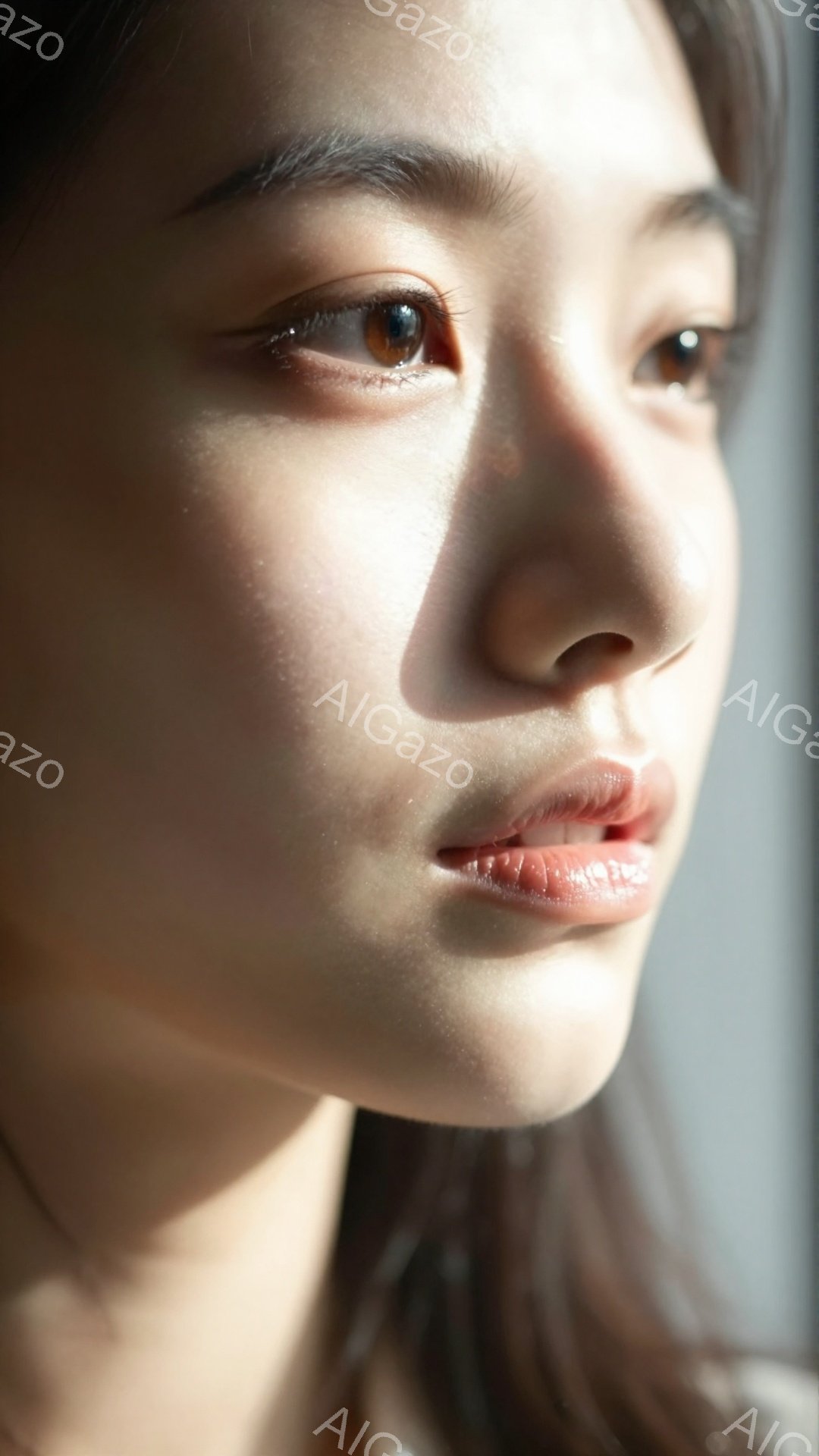 柔らかい光が差し込む窓辺で、アジア系の女性が横顔を見せています。彼女は長い黒髪で、唇は少し開いており、物思いにふけるような穏やかな表情を浮かべています。背景はぼかされており、室内の一部が見えますが、全 - AI生成フリー素材