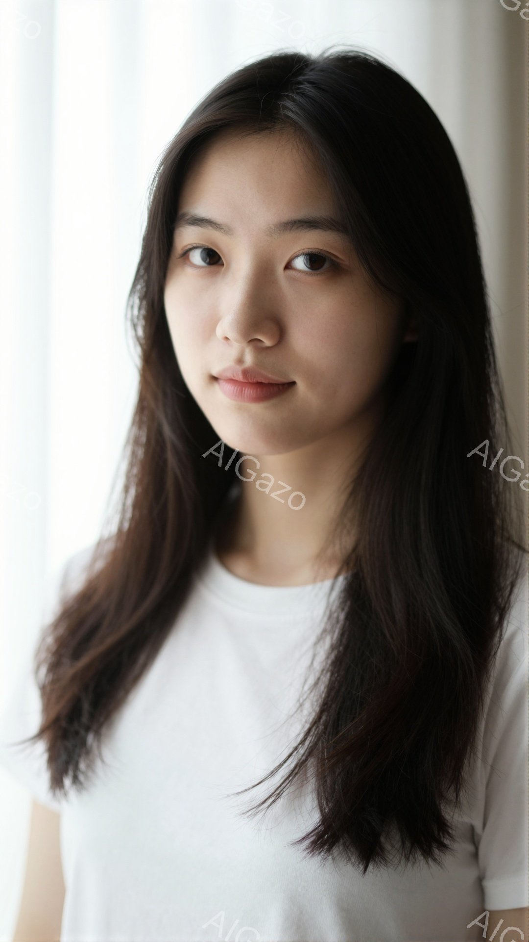 長い黒髪を肩まで伸ばした女性が写っている。白いTシャツを着ており、表情は穏やかでわずかに微笑んでいるように見える。背景はぼやけており、自然光が入る窓辺で撮影されたようだ。 - AI生成フリー素材