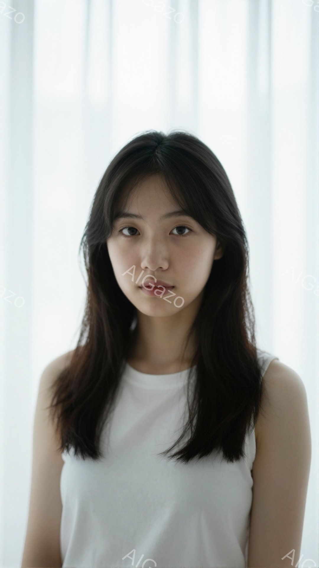 黒髪の女性が正面を向いて写っている。白いタンクトップを着ており、髪は肩にかかる長さで自然なストレートヘアだ。表情は穏やかで、少し微笑んでいるように見える。