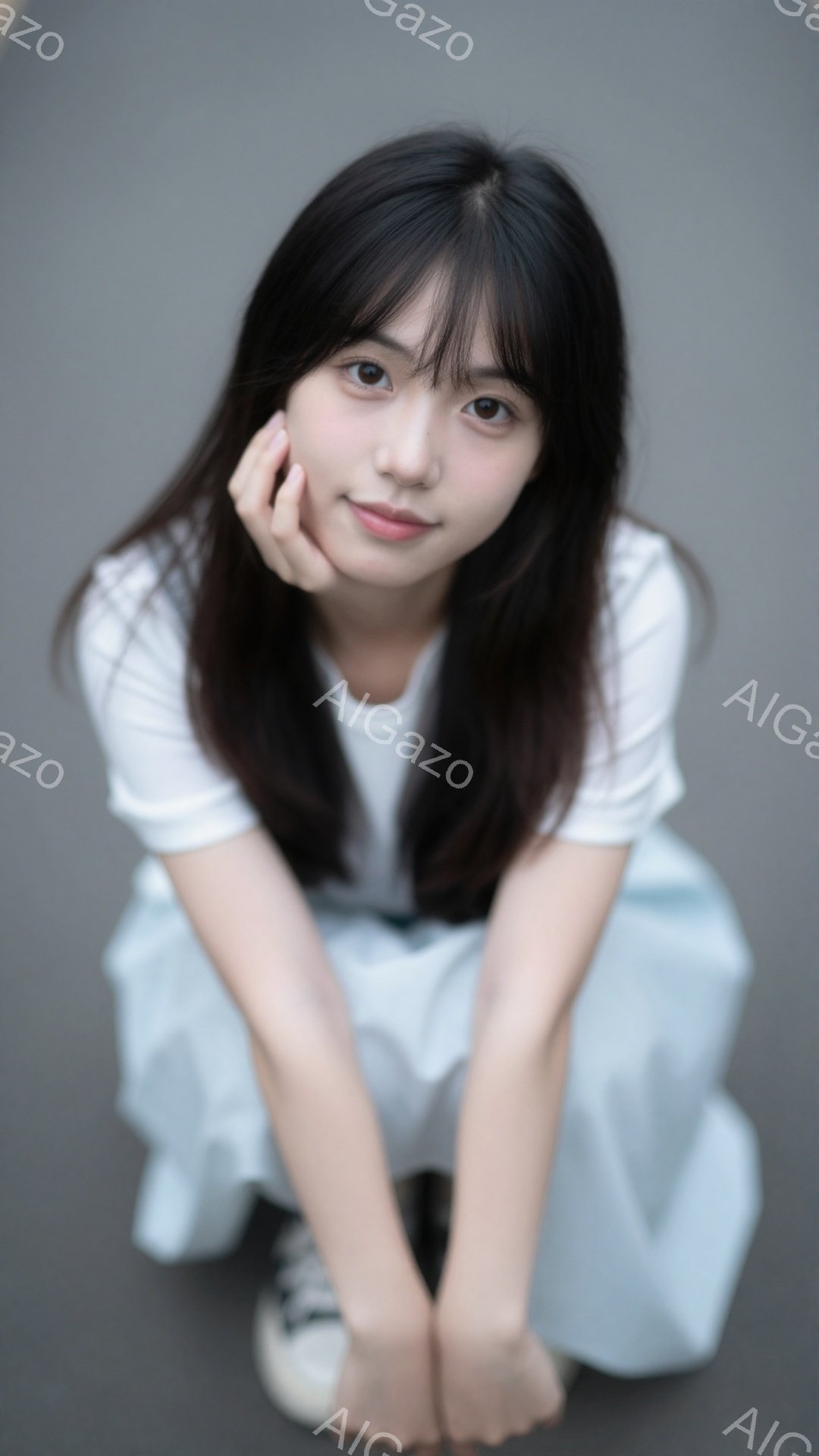 長い黒髪の女性が、水色のスカートと白いTシャツを着て、ひざを抱えて座っています。彼女は片手を頬にあて、微笑みを浮かべてカメラを見つめており、表情は柔らかく親しみやすいです。背景はグレーのコンクリートで - AI生成フリー素材