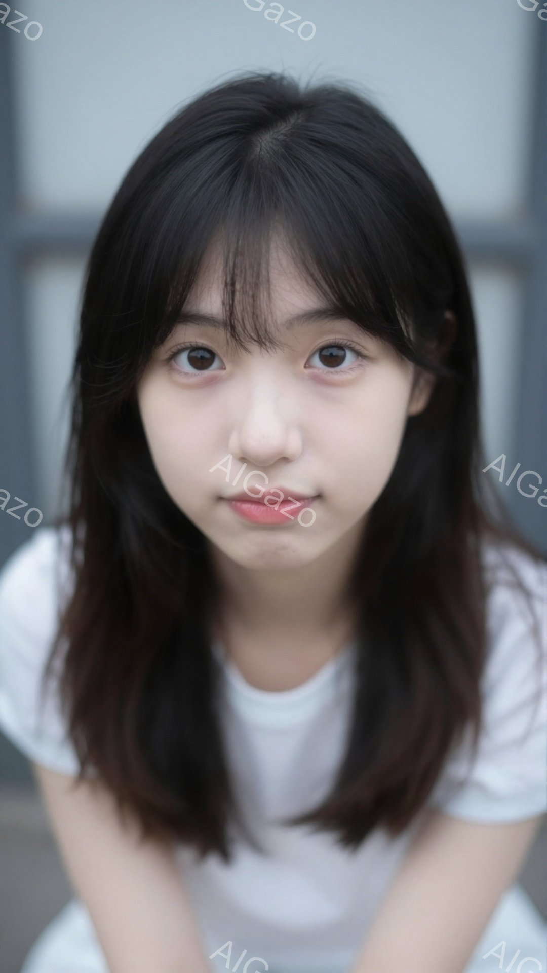 長い黒髪で、前髪が眉毛にかかるようにカットされた若い女性が写っています。白いTシャツを着ており、わずかに微笑んだ表情で、カメラを見つめています。背景はぼやけており、建物の一部が見えますが、全体として穏 - AI生成フリー素材