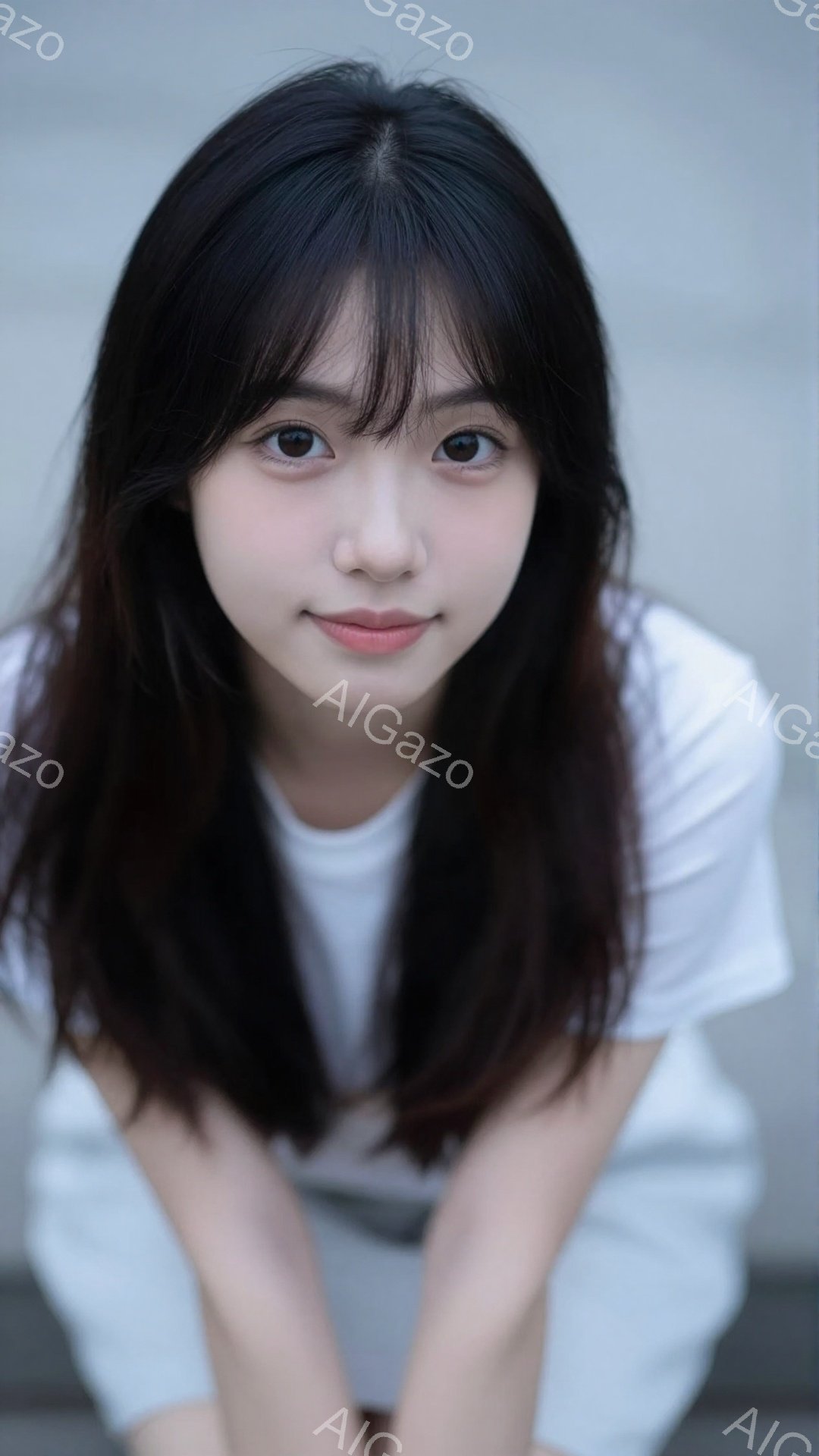 長い黒髪の女性が、白いTシャツを着て、膝を抱えて座っています。彼女は穏やかな笑顔で、カメラの方を見ています。背景はぼやけていますが、コンクリートの壁と、日中の屋外である様子がうかがえます。