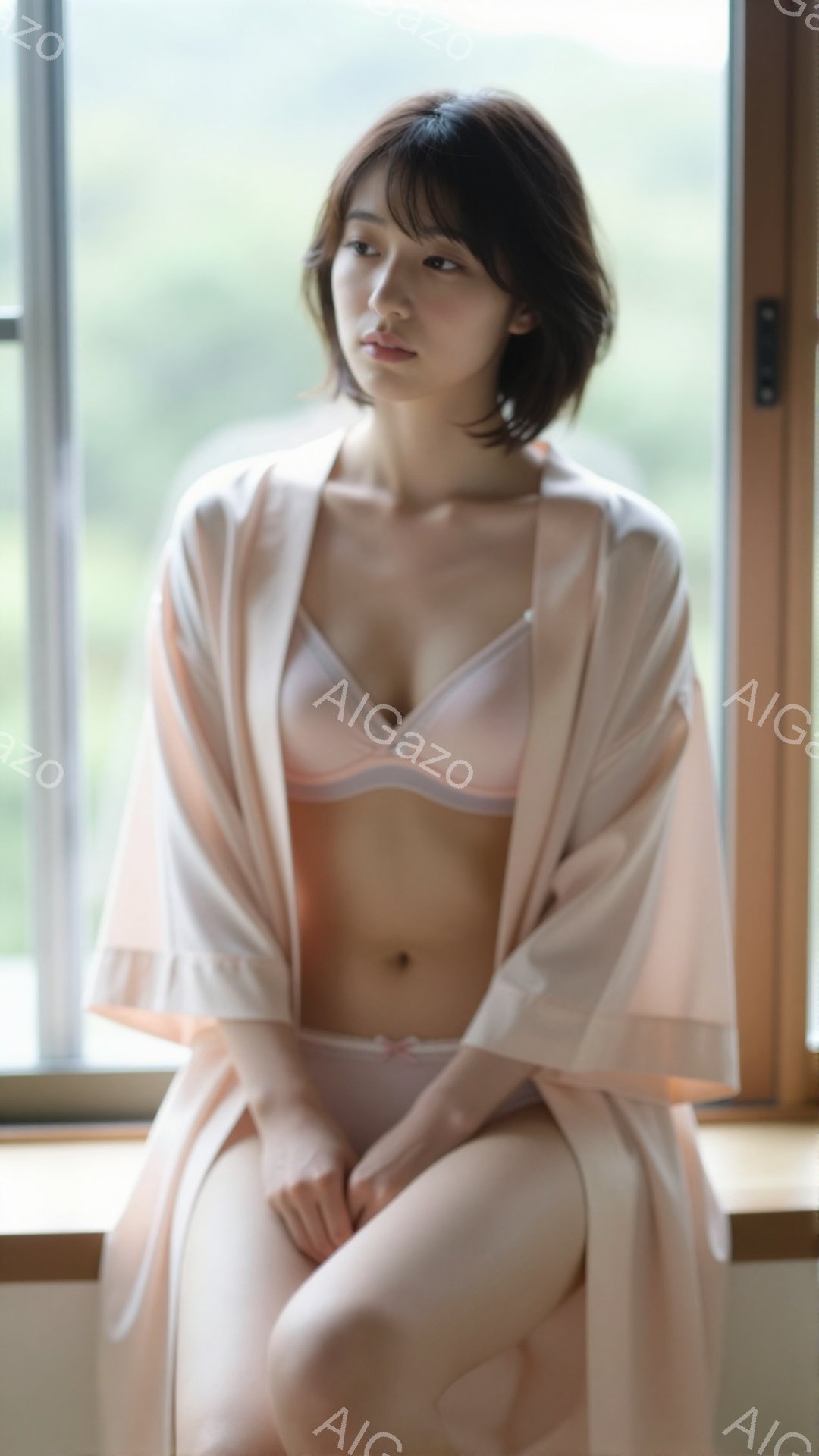 浅いピンク色のローブと下着を身につけた若い女性が、窓枠に座って膝を曲げています。彼女はダークブラウンのボブヘアで、穏やかで物憂げな表情をしています。背景にはぼやけた緑の風景が見え、柔らかく暖かい光が室 - AI生成フリー素材