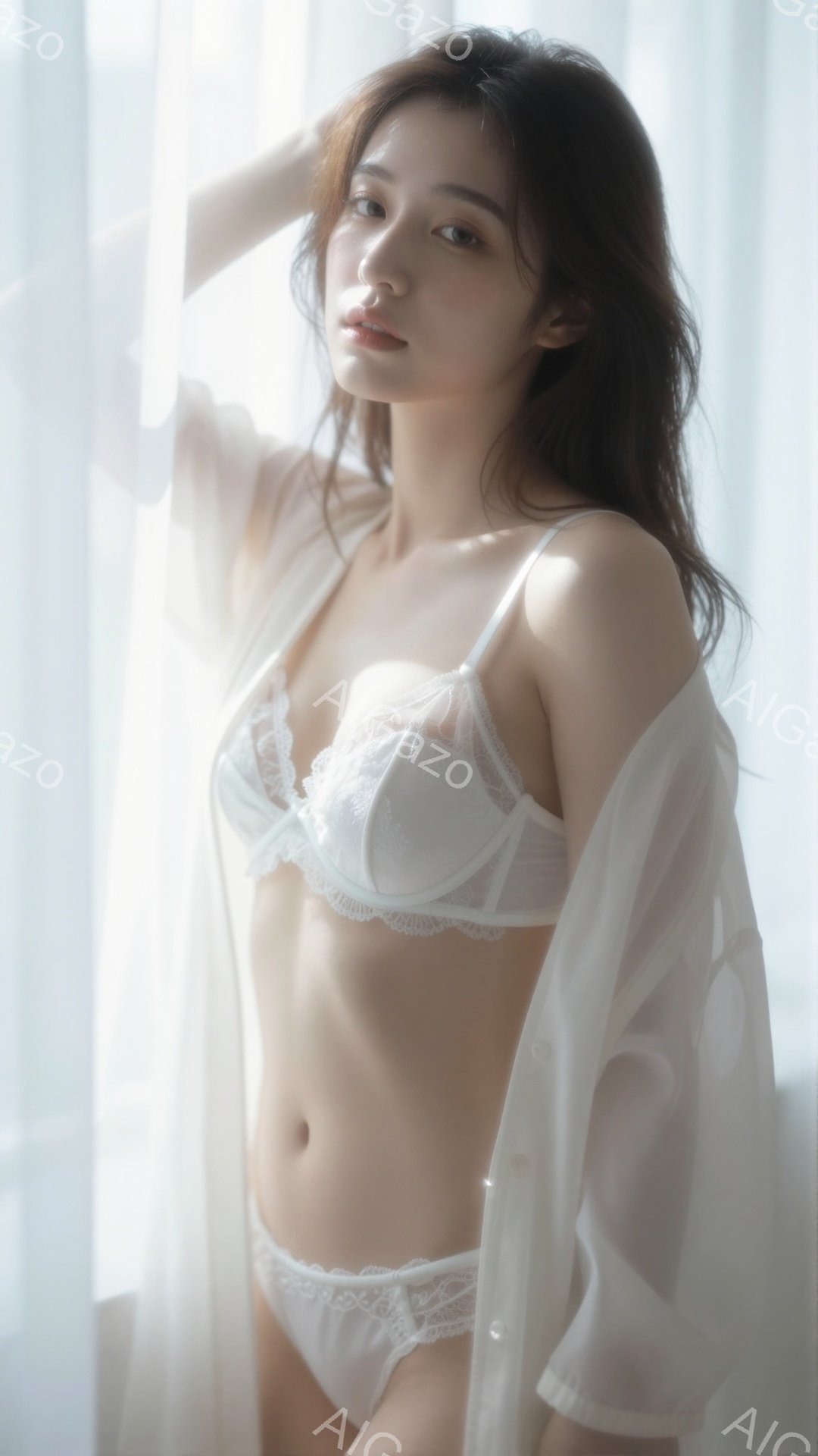 長いダークブラウンの髪はゆるくウェーブし、肩から流れ落ちています。女性は白いレースのブラとパンティーを身に着け、白いシャツを羽織っています。柔らかい光が差し込む室内で、少し憂いを帯びた表情でカメラを見 - AI生成フリー素材