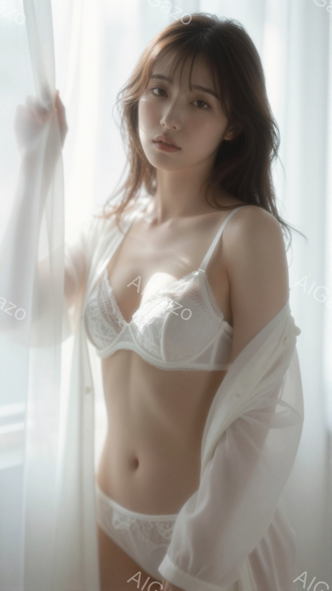 長いダークブラウンの髪を無造作に垂らし、白いレースのブラジャーとショーツ姿の若い女性が写っている。彼女は白いシアーシャツを羽織り、少し微笑んだ表情でカメラを見つめている。背景はぼやけており、明るい窓か - AI生成フリー素材