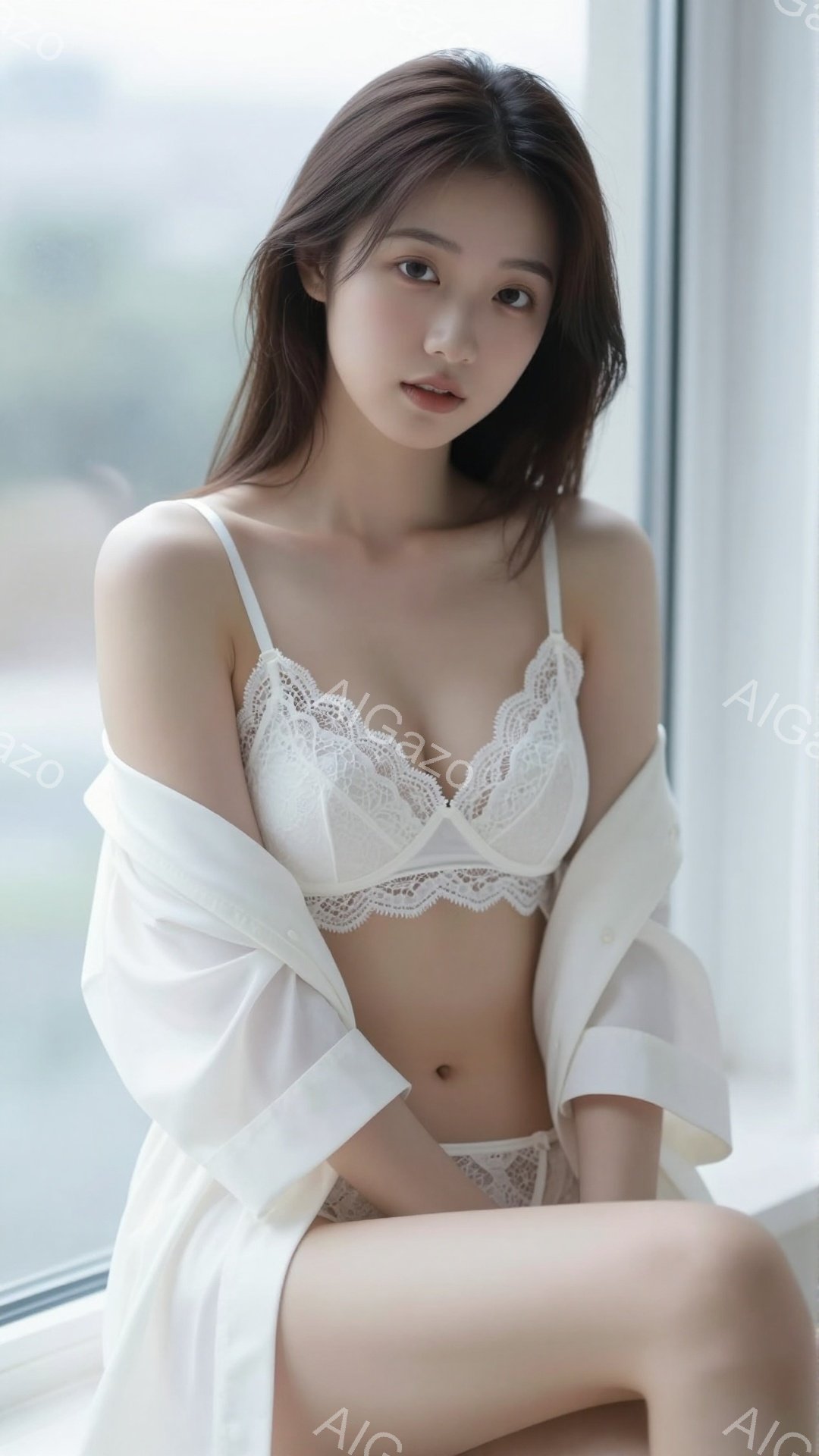 長いダークブラウンの髪が肩にかかり、白いレースのブラとショーツを着用した若い女性が写っている。彼女は白いシャツを羽織り、膝を抱え、窓辺に座ってわずかに微笑んでいる。背景にはぼやけた都市の景色が見え、穏 - AI生成フリー素材