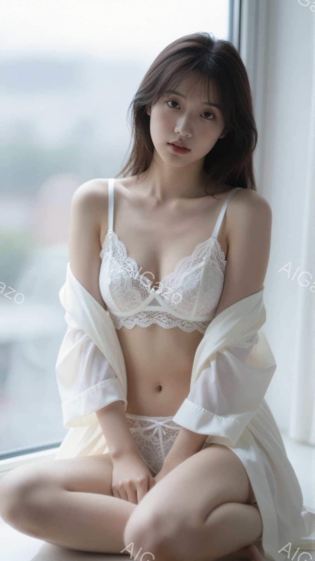 長いダークブラウンの髪は肩にかかり、自然なウェーブを描いています。白いレースのブラとパンティーに、薄手の白いガウンを羽織った女性が、窓辺に座って膝を抱え、わずかに微笑んでいます。背景には高層ビル群がぼんやりと見え、窓から差し込む自然光が柔らかい雰囲気を醸し出しています。