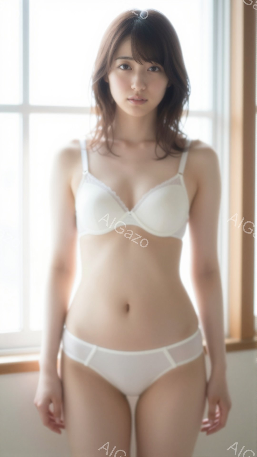 白いブラとショーツを身に着けた若い女性が正面を向いて立っています。彼女は長い茶色の髪で、表情は穏やかで控えめです。背景にはぼやけた窓枠が見え、明るく清潔な印象を与えます。 - AI生成フリー素材