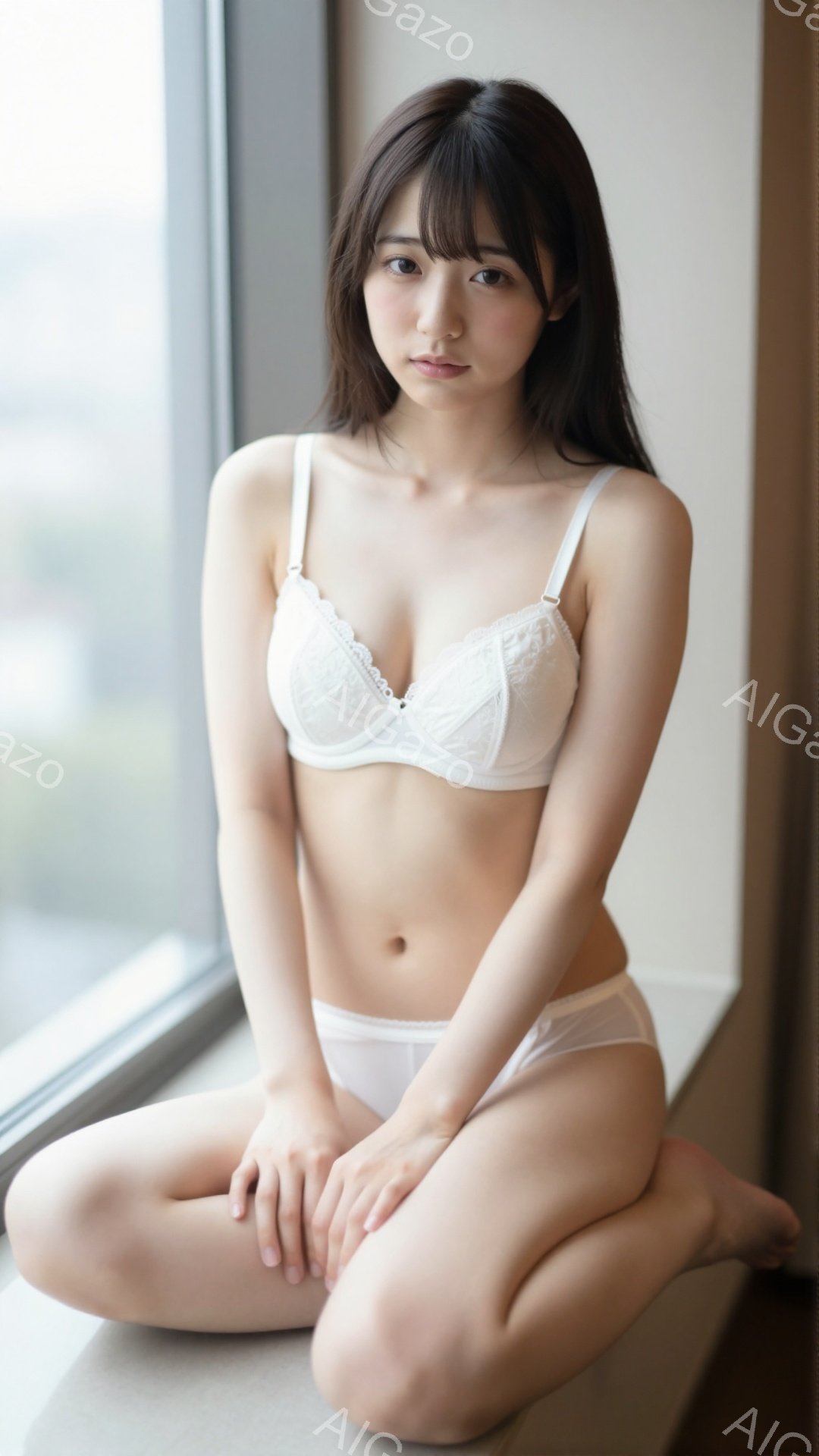 長い黒髪で、前髪が少しおでこにかかっています。白いレースのブラとショーツを身につけ、膝を抱えて床に座っています。背景にはぼやけた都市の景色が見え、室内は柔らかい光で照らされています。 - AI生成フリー素材