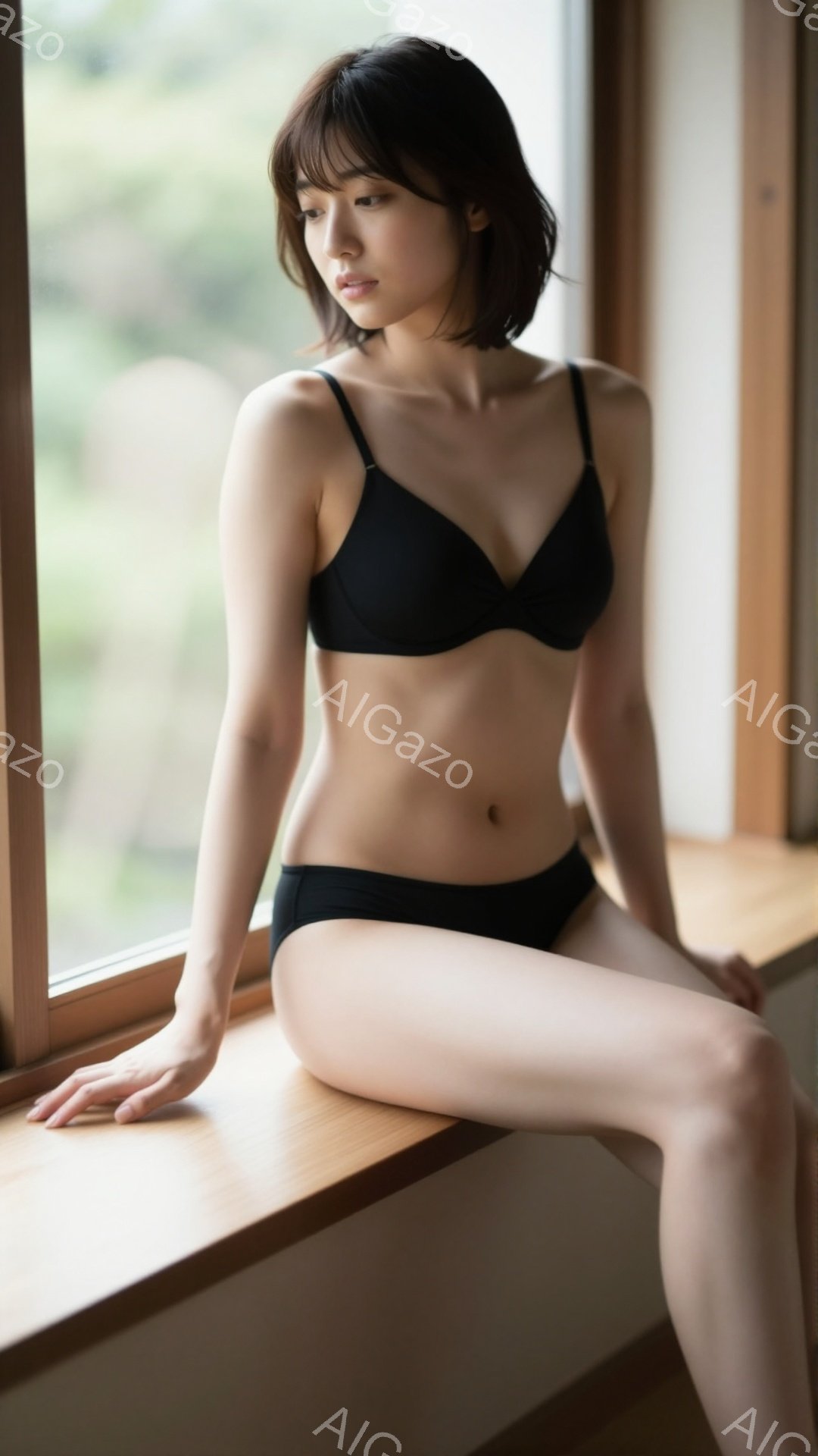 茶髪の短いヘアスタイルをした女性が、窓枠に腰掛けています。黒い下着姿で、リラックスした表情で外を見つめています。背景には緑豊かな自然が見え、穏やかで静謐な雰囲気が漂っています。 - AI生成フリー素材