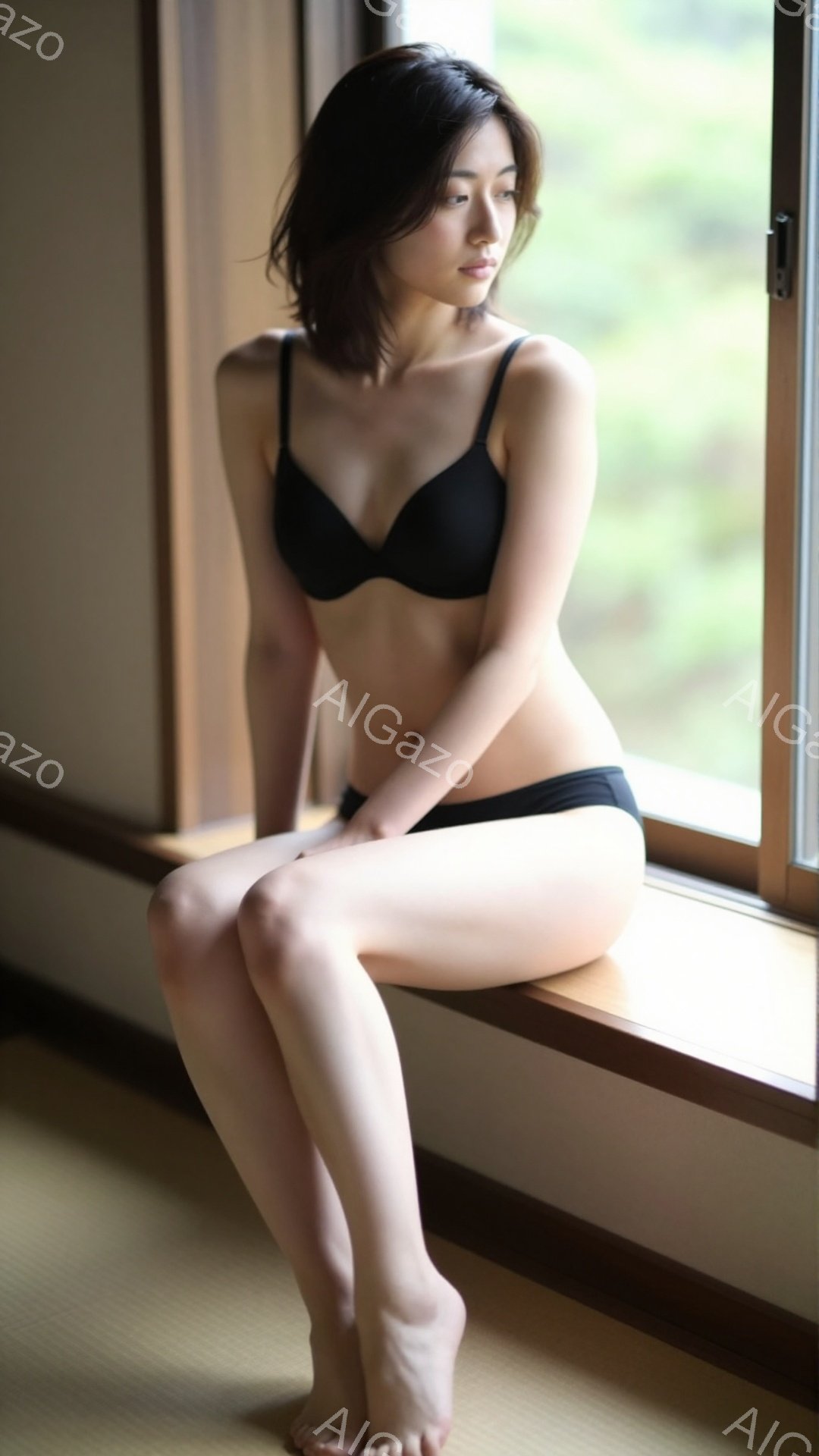 室内で膝を曲げて座っている女性が写っています。彼女は黒いブラとショーツを身につけ、素足で、窓枠に座り、少し憂いを帯びた表情で外を眺めています。畳の床と窓の外の緑が背景で、落ち着いた、静かな雰囲気を醸し出しています。