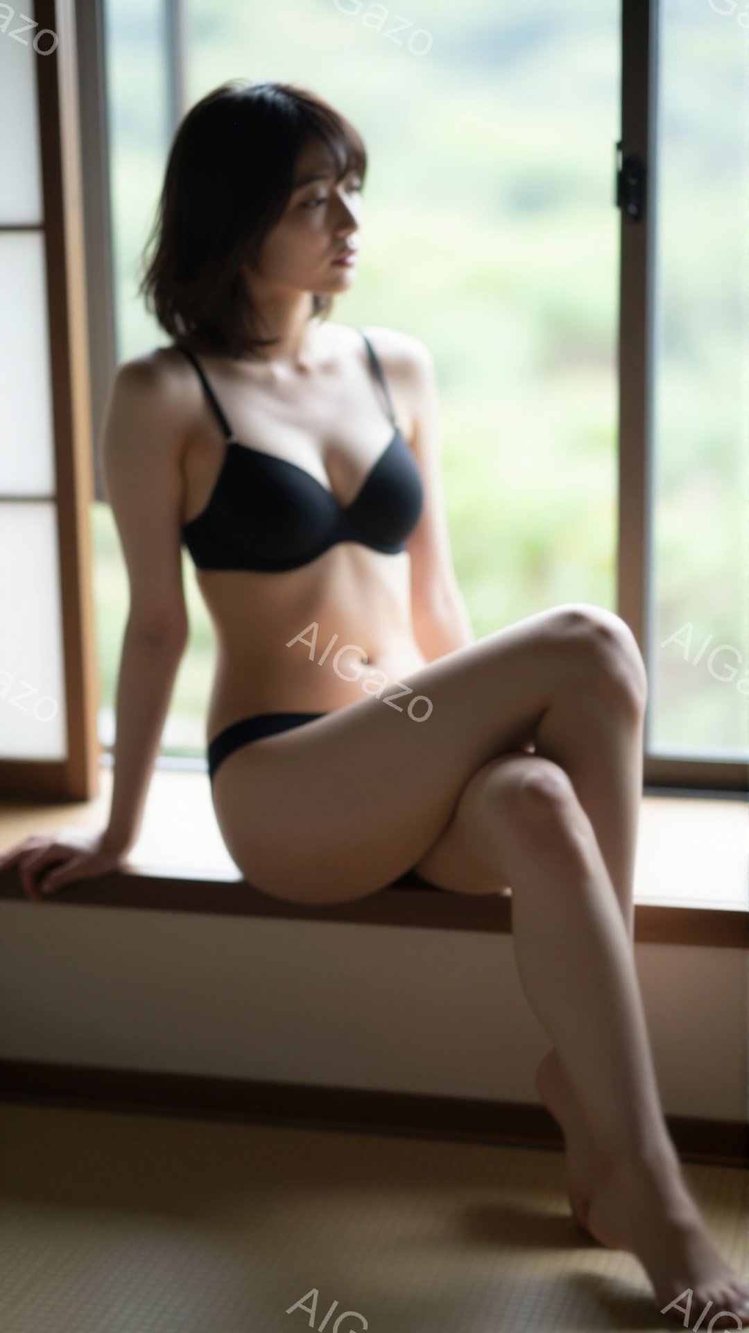 窓枠に座る女性が写っています。彼女は黒いブラとショーツを身に着け、素足で、リラックスした姿勢で座っています。背景には畳の部屋と緑豊かな自然が見え、穏やかで静かな雰囲気が漂っています。 - AI生成フリー素材