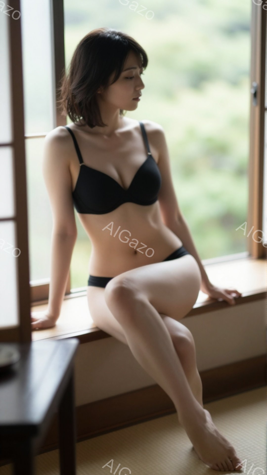 画像には、畳敷きの部屋の窓枠に座る女性が写っています。彼女は黒いブラとショーツを着用し、足はむき出しで、少しうつむき加減で物憂げな表情をしています。背景には緑豊かな風景が広がり、静かで落ち着いた雰囲気を醸し出しています。