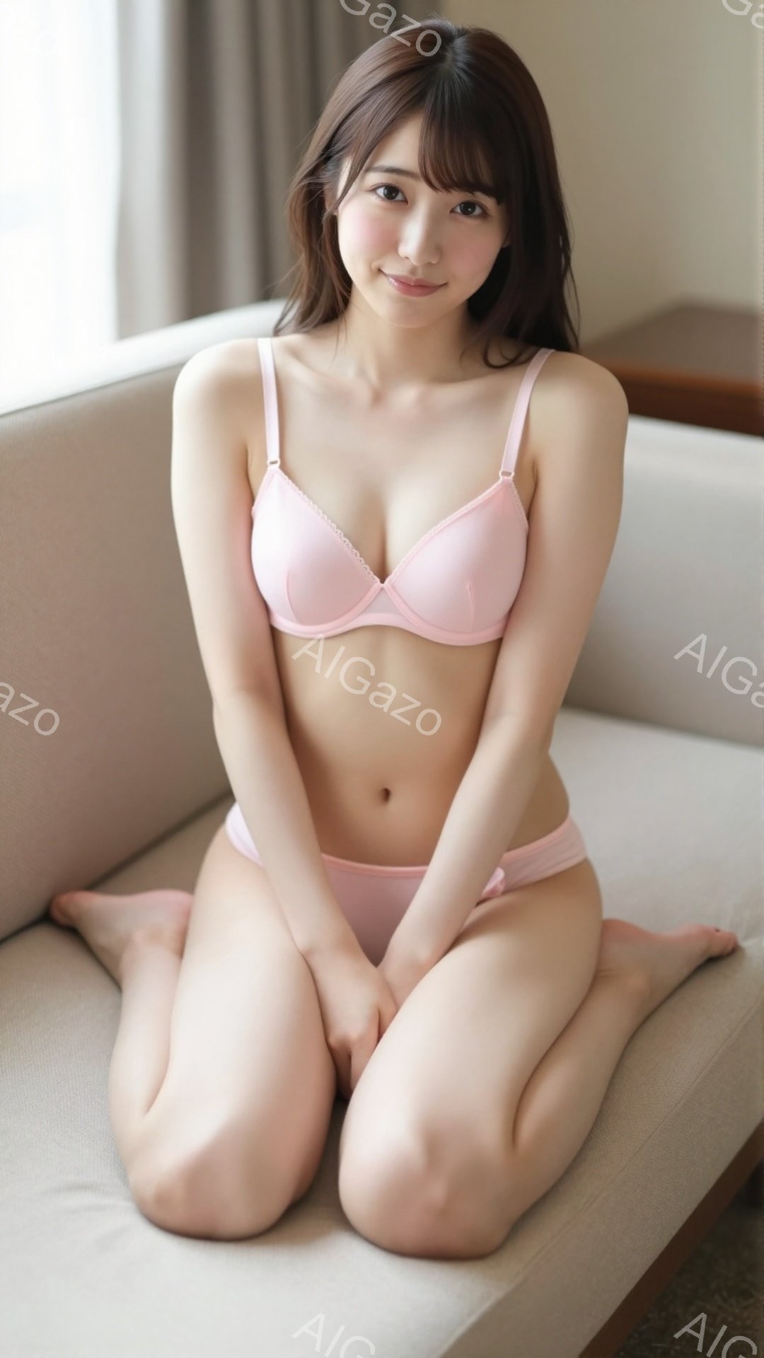 ピンク色のランジェリー姿の若い女性が、ベージュのソファに膝を曲げて座っています。彼女は微笑んでおり、長く茶色の髪が肩にかかっています。背景はぼかれていますが、室内であり、暖色系の落ち着いた雰囲気です。 - AI生成フリー素材