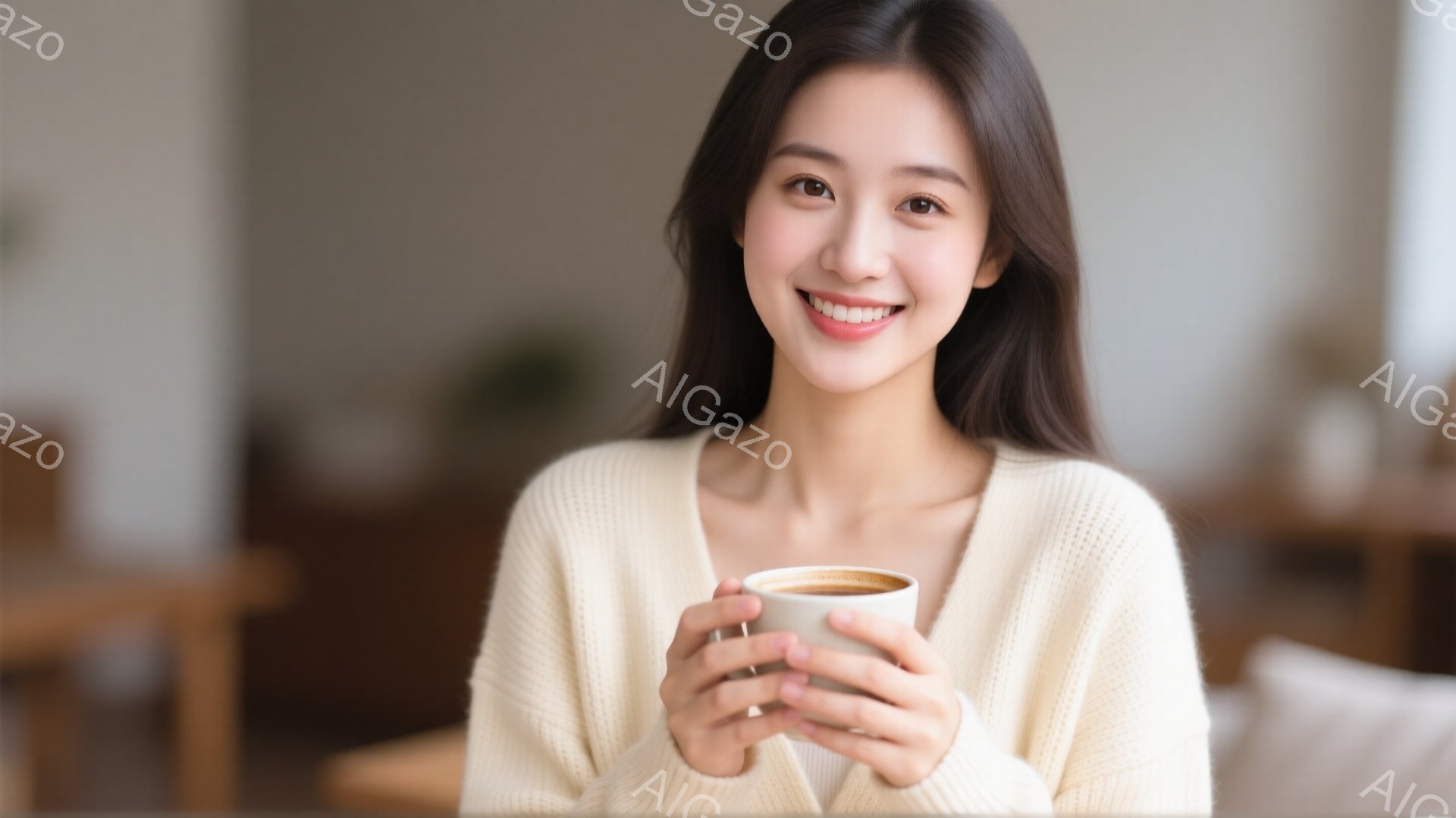 明るい笑顔を見せる若い女性が写っている。オフホワイトのセーターを着ており、両手で白いマグカップを抱えている。背景はぼやけており、木製の家具が見える室内で、温かく穏やかな雰囲気である。