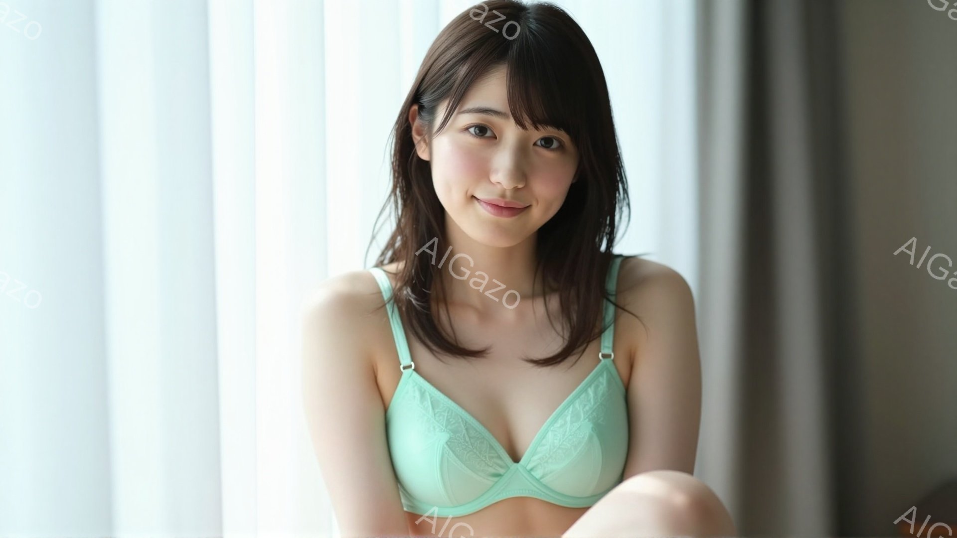 明るい室内で、緑色のレースのブラレットを着た若い女性が写っています。彼女は膝を曲げて座っており、穏やかな笑顔を浮かべています。背景には白いカーテンが並び、柔らかい光が全体を照らしています。 - AI生成フリー素材