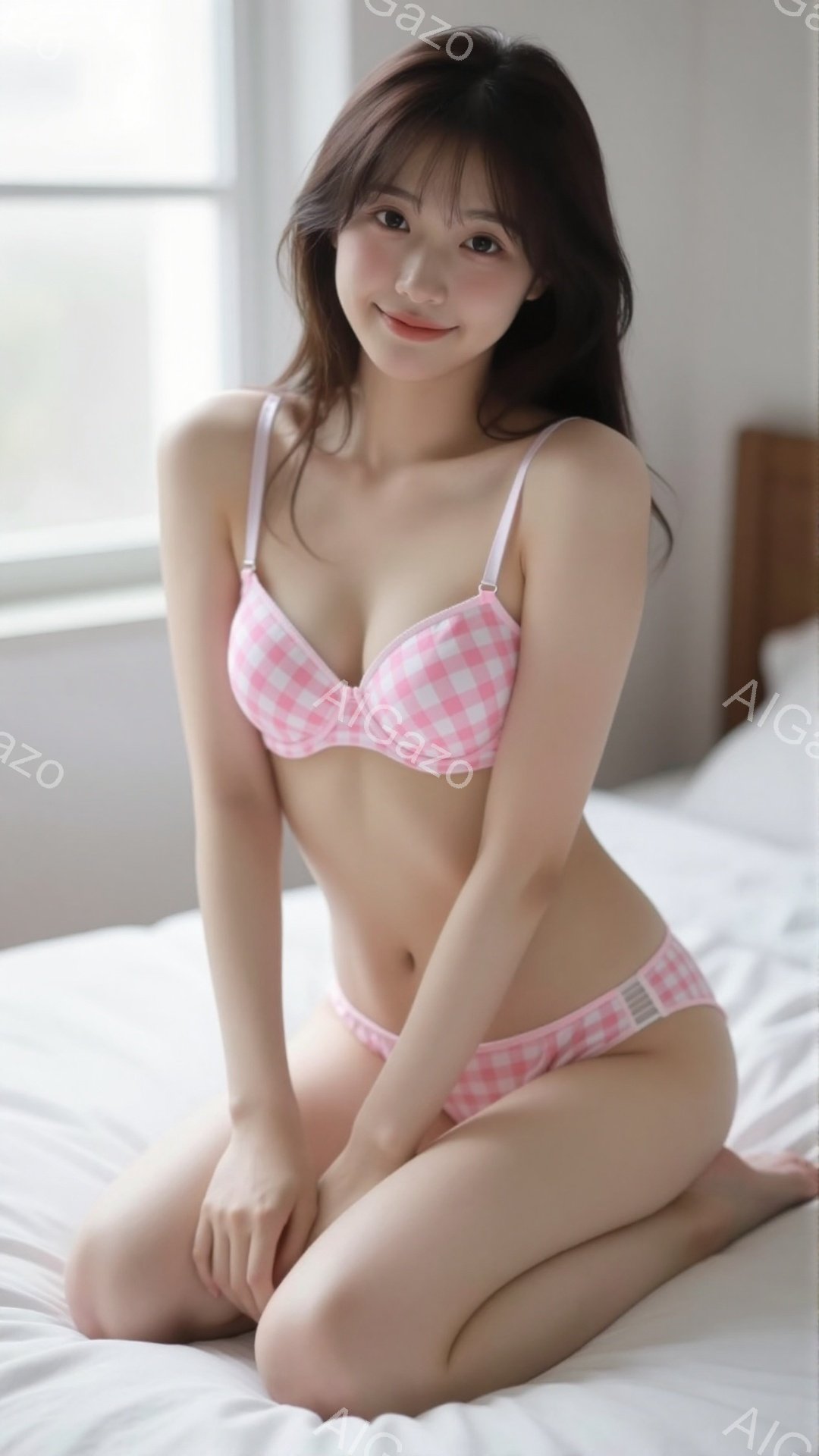 ピンクと白のチェック柄のランジェリーを着た若い女性が、白いベッドの上に座っています。彼女は長い黒髪で、穏やかな笑顔を浮かべています。背景はぼやけていますが、明るい自然光が差し込むシンプルな部屋のように - AI生成フリー素材