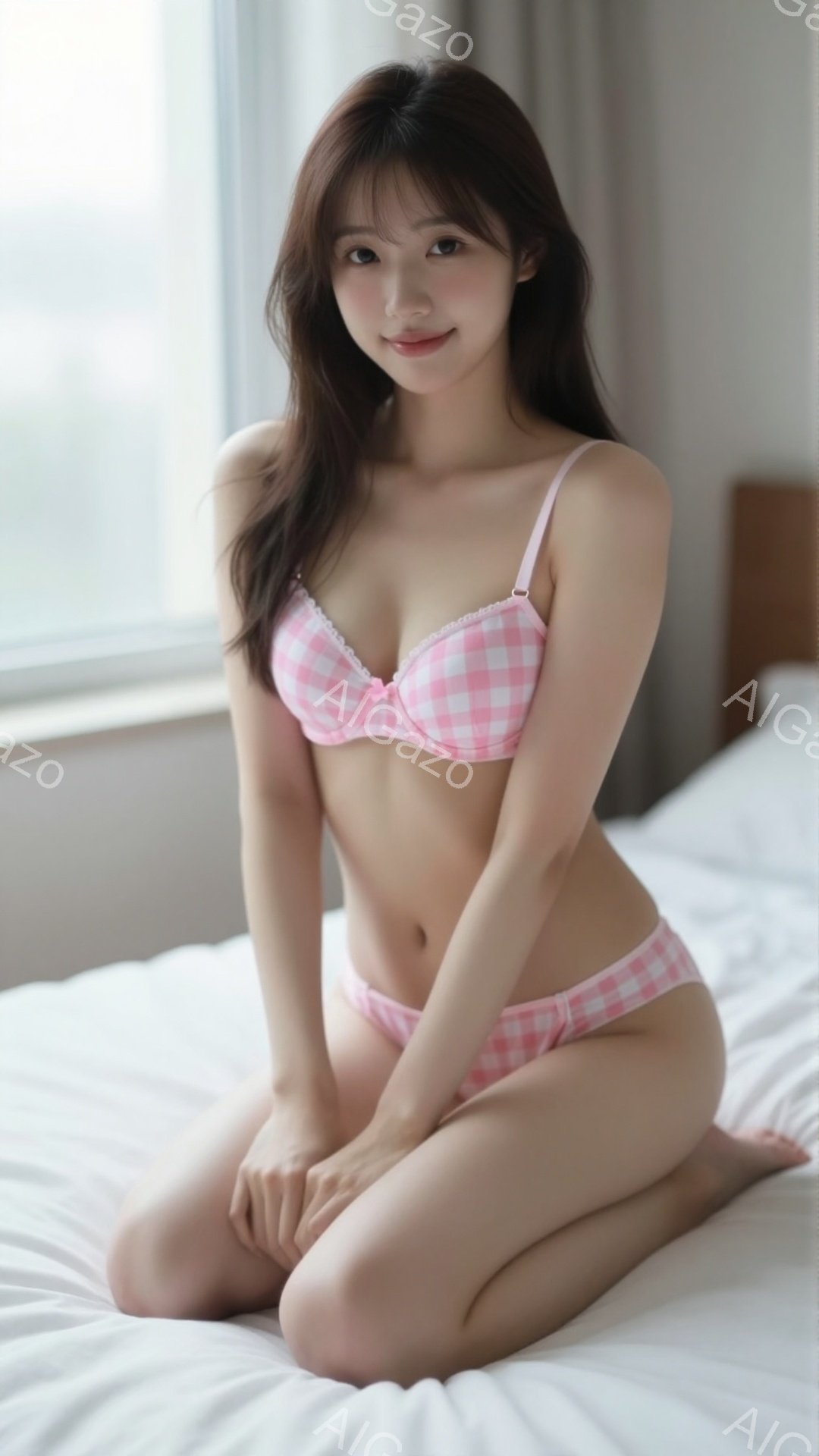 明るいピンク色のチェック柄のブラとショーツを身に着けた若い女性が、白いベッドの上に膝を曲げて座っています。彼女は長いダークブラウンの髪を下ろし、穏やかな笑顔を浮かべています。背景はぼやけており、部屋の - AI生成フリー素材