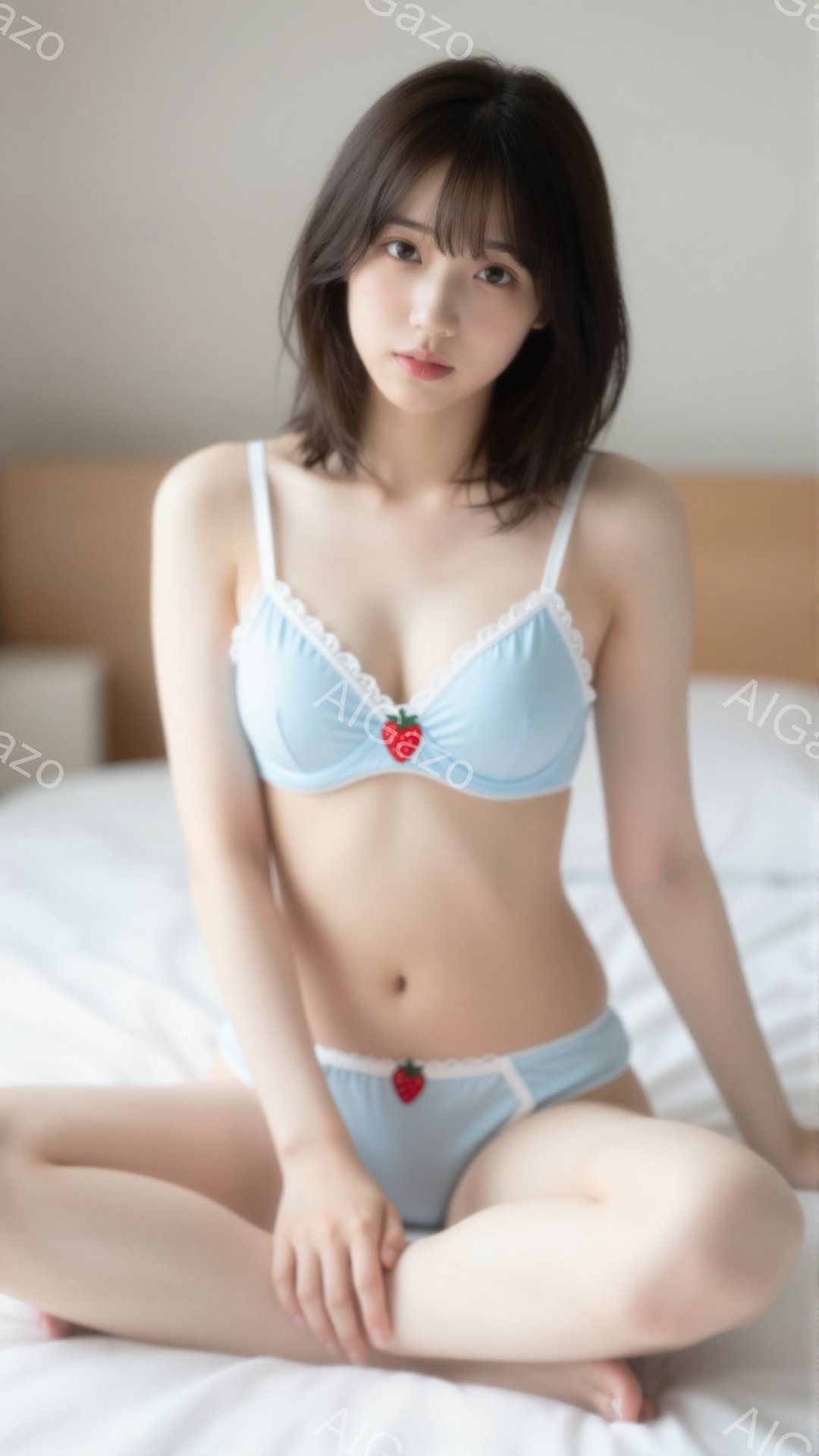 浅い青色のイチゴ柄のブラとショーツを着用した若い女性が、白いシーツの上に座っています。彼女は黒髪で、前髪は目の上まで伸びています。表情は穏やかで、少し微笑んでいるように見えます。