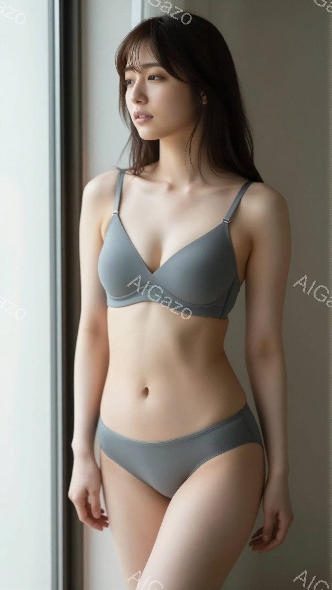 長い黒髪の女性が、グレーのブラとショーツのランジェリー姿で立っています。彼女はわずかに体を傾け、リラックスした表情で何かを眺めているようです。背景はぼやけていますが、窓枠と淡い光が確認でき、全体的に穏 - AI生成フリー素材