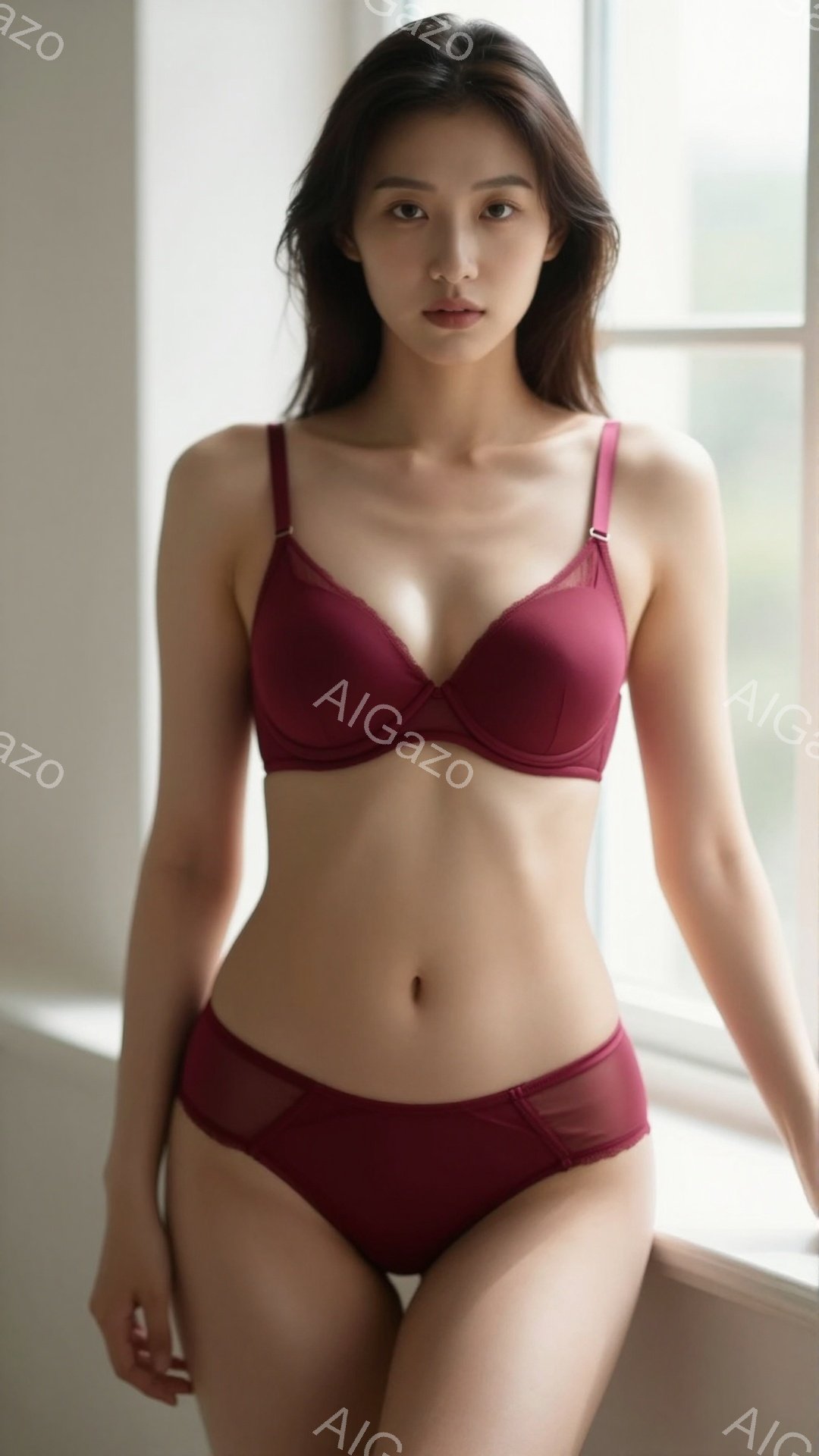 深紅色のランジェリーセットを身に着けた女性が写っています。ストレートで長く艶やかな黒髪が肩にかかり、落ち着いた表情で正面を見つめています。背景はぼやけた窓辺で、柔らかい自然光が差し込み、女性の滑らかな肌を照らしています。
